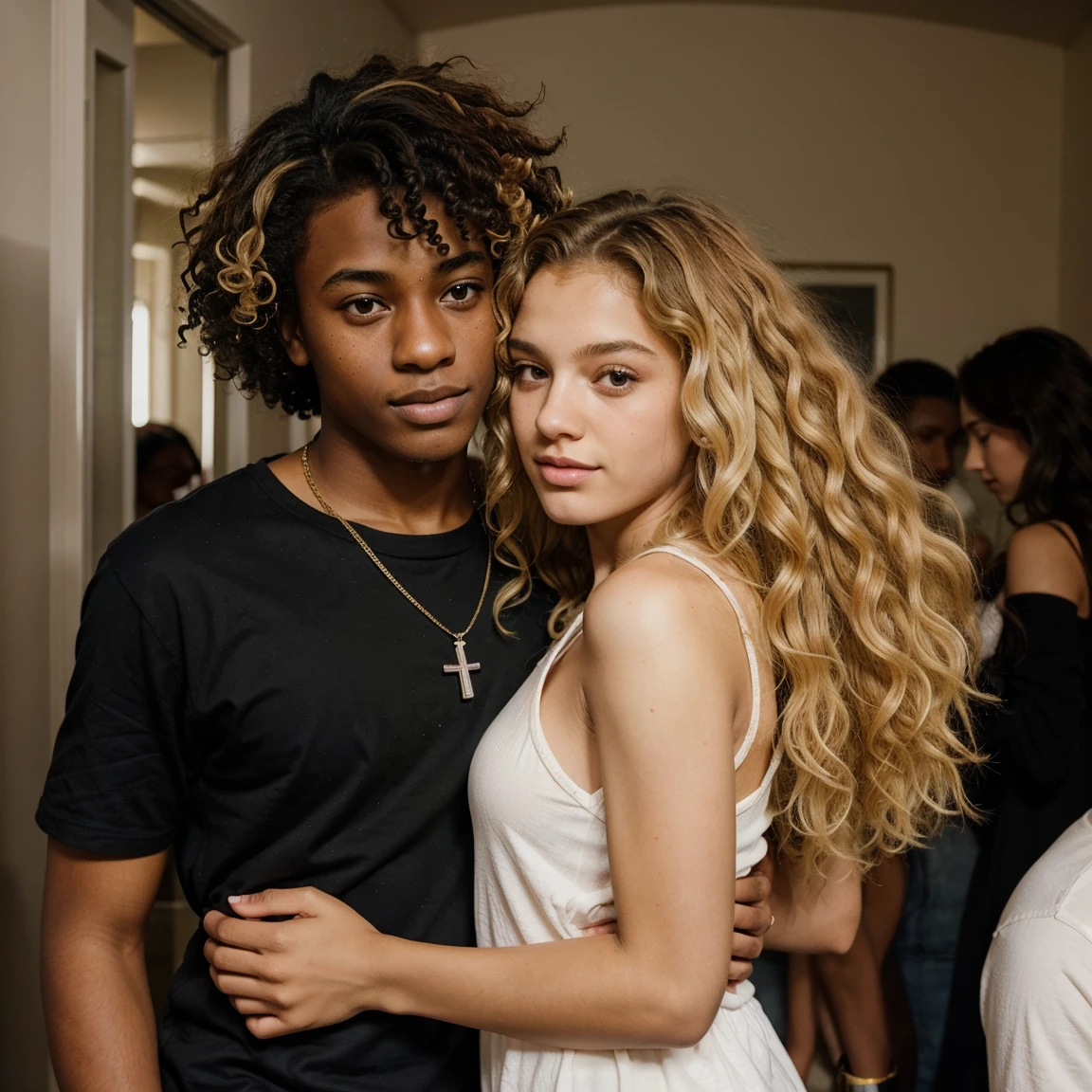 A -yeld daskinned boy with curly hair hugging a 15-year-o whgirl h blonde hair