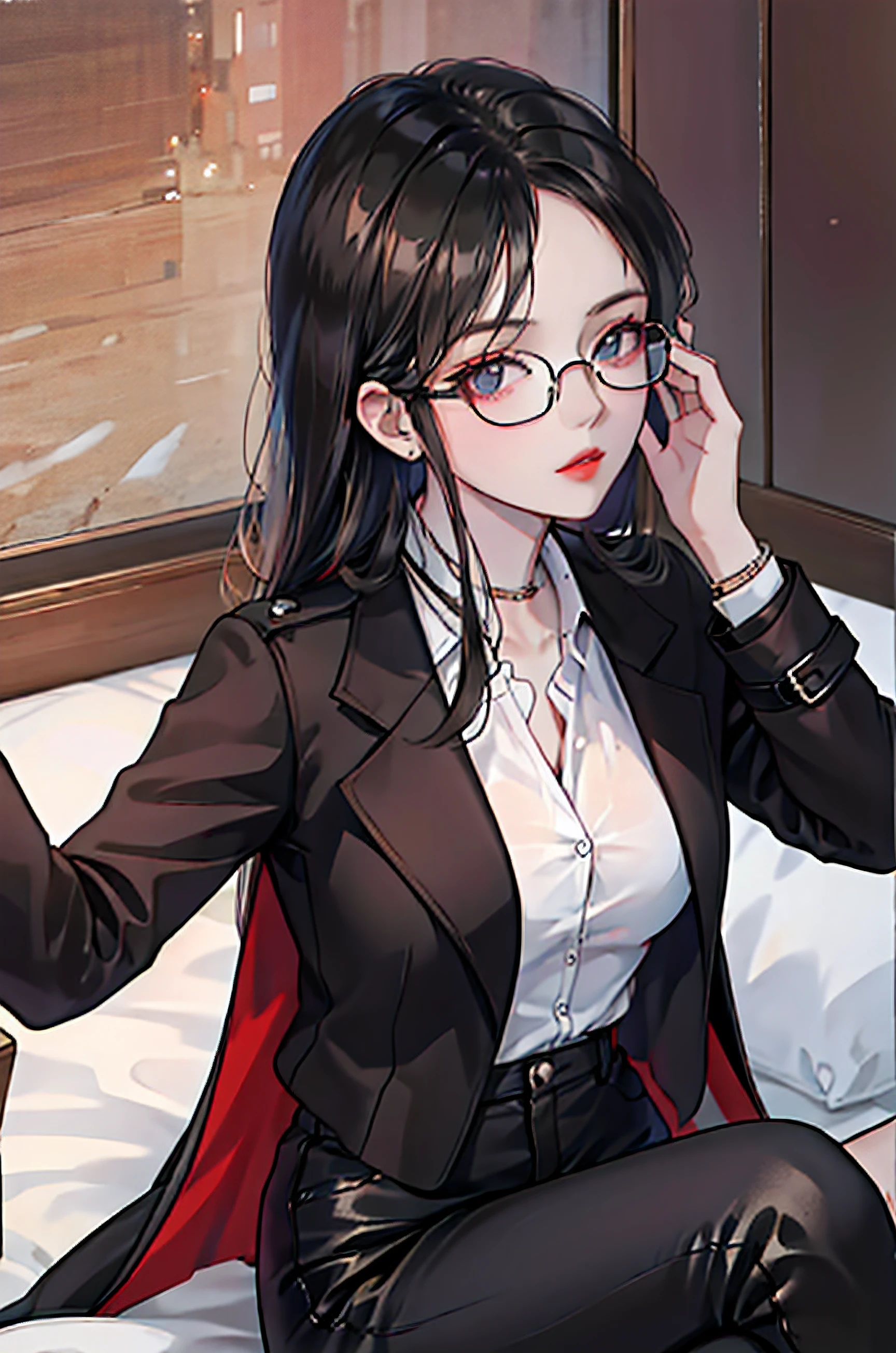 Women wearing coat and elegant shirt, leather pants, glasses, model magazine wrap, dark hair, sitting, looking up to camera, seductive gaze, seductive