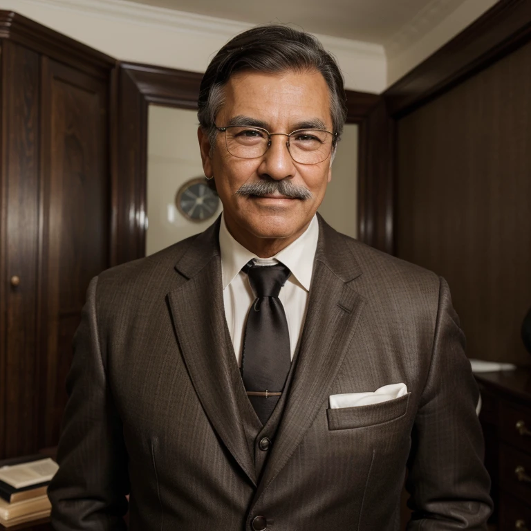 ( best quality, realistic:1.37, highres:1.2, ultra-detailed, portraits ), 65-year-old latino man, dark brown suit,dark Brown jacket, dark brown waistcoat, black tie, white cropped hair combed back, white mustache, round-framed prescription glasses, posing Smiling in old room.