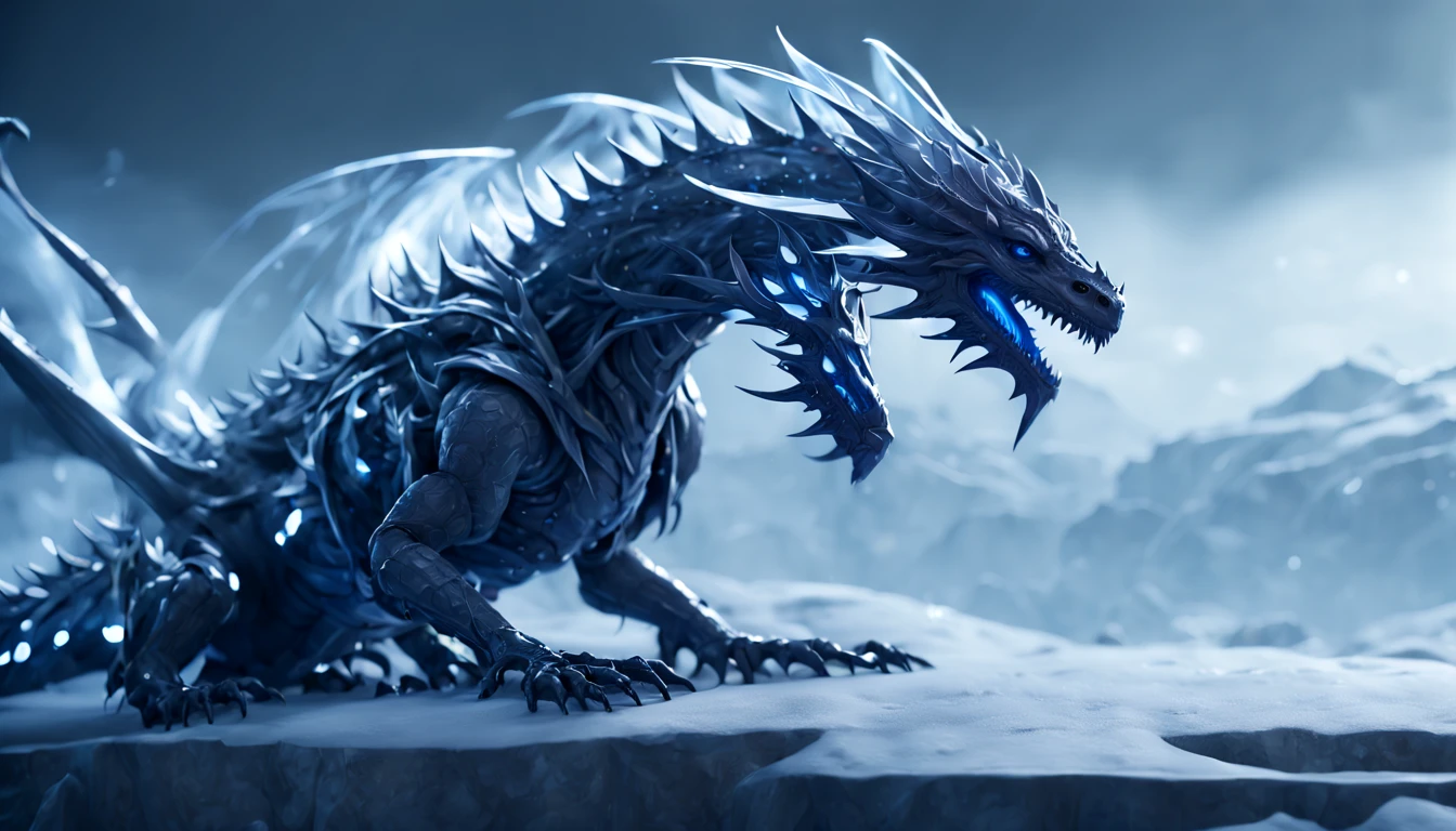 01_(Epic Character) (Dragon Girl). Horizontal composition, with some offset from the center-wide format. (Very beautiful creature, graceful form). (Alien creature, determined nature, menacingly beautiful). (Dragon Girl, a fantastic fantasy image, a creature with clear white skin, created for love, consists of graceful forms shimmering in the light, he is ready to love). (The body is covered with armor, armor). A very beautiful head, alien shape, (hair fetish hairstyle, shamanic amulets). Very beautiful - exotic face, slanted eyes, sensual lips, parted mouth, white - neat teeth, small fangs. A half-naked body with white pearlescent skin, a wide neckline, and small beautiful breasts, the body is covered with an exoskeleton, scars, hard black scales, the texture of the exoskeleton with artificial material (stone plastic and bionics, ground, polished, smooth, bas-relief, bionics, cyberpunk – they decorate protective plates on a very beautiful body, shoulders, knees, arms). Anatomy of an alien creature with pronounced sexual forms. The armor is decorated with scars - notches, relic bas-reliefs of alien meaning. 02_The composition is located in a horizontal frame. Eliminate symmetry, the main mass is not placed clearly in the center - with a slight offset. Magic, fantasy, sexual nature.
03_ Cold range of lighting, evening, snow storm, elements, gusty wind, slanting snow whirlwinds, dark blue, snowy background. Contrasting, clear lighting, warm magical light, clear cold shadows, contrasting image. Ice, snow, snow decor, intricate patterns. The highest image quality, a masterpiece, computer graphics. Cinematic level of performance, animated film. HD quality, wide format, 8K. 3D visualization. The scene was recreated using Unreal Engine. The highest quality, details, textures, materials, and clear forms (smooth bionic, synthetic material, artificial stone, plastic, metal). Black radiance from the depths of forms. Frontal view from camera, perspective, with watery ceilings, d