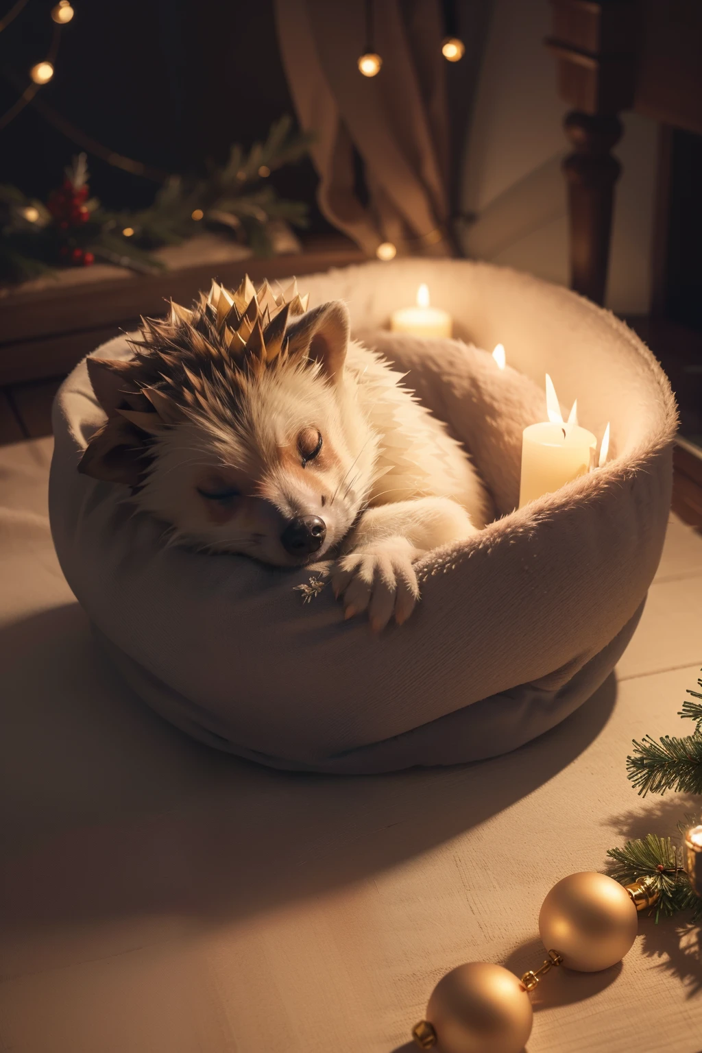 A cute and chubby hedgehog sleeping in a small bed, in an underground room with warm light, creating a cozy Christmas Eve atmosphere, digital art