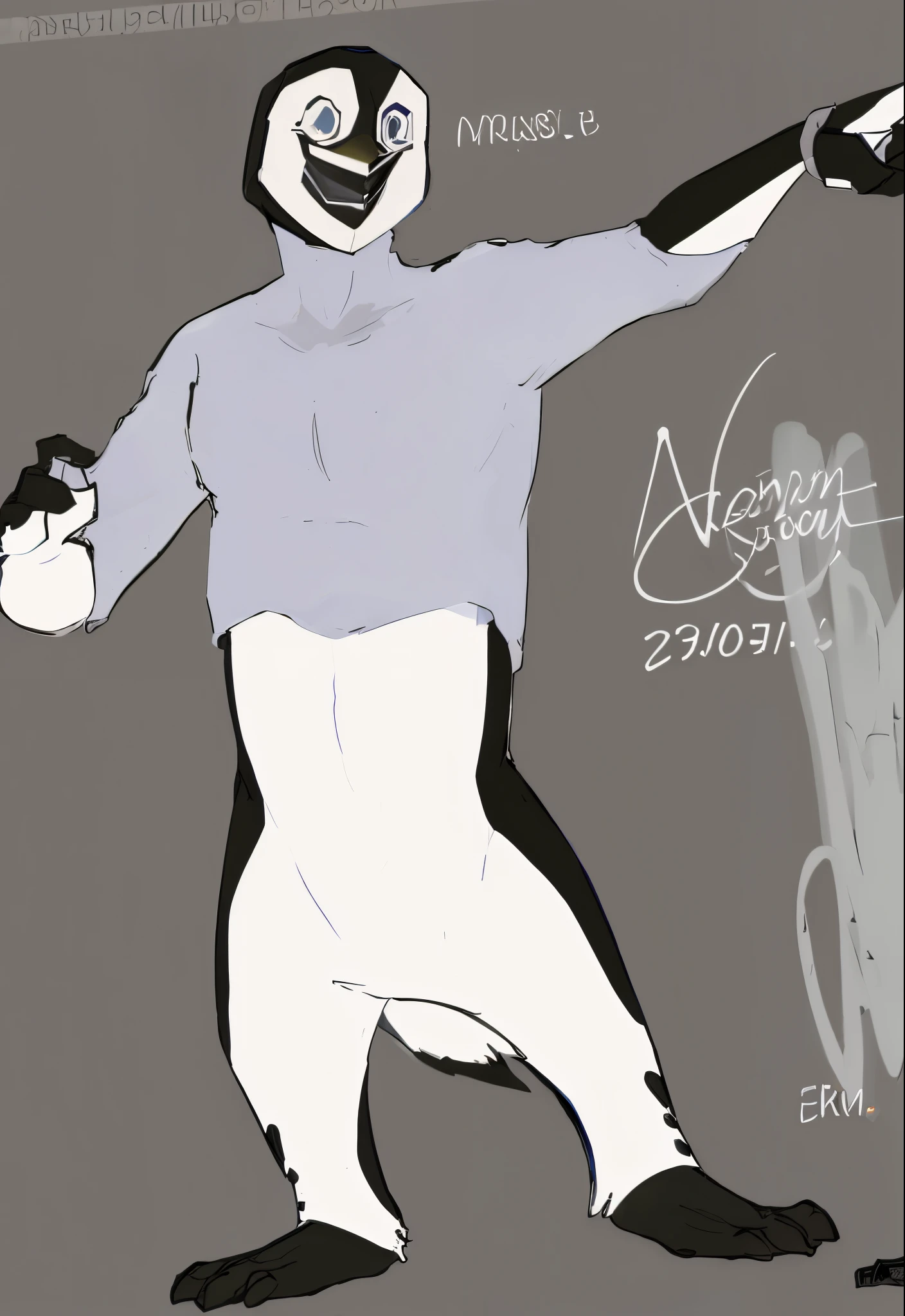 tem um desenho de um pinguim com um taco de beisebol, cel sombreado!!!, cel sombreado:15, male robotic anthro orca, Descrito!!!, conceito de corpo inteiro, !!retrato de corpo inteiro!!, cel - estilo de arte sombreado, cel-sombreado:17, [ arte conceitual ]!!, cel limpo sombreado, inspirado em Aaron Nagel, concept piece