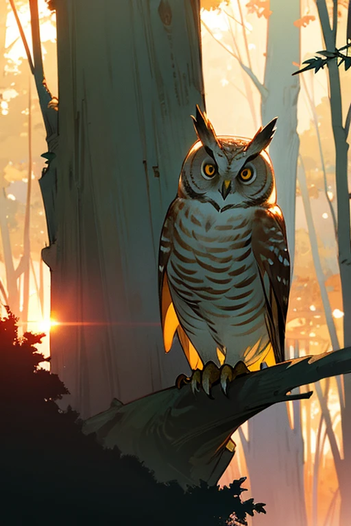 owl in the forest at sunset