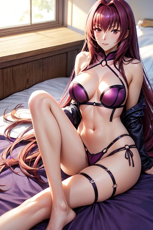 ((best quality)), ((estilo anime)), (circunstanciado), fate, scathach,
fate scathach, roupa de colegial, cama, horny
