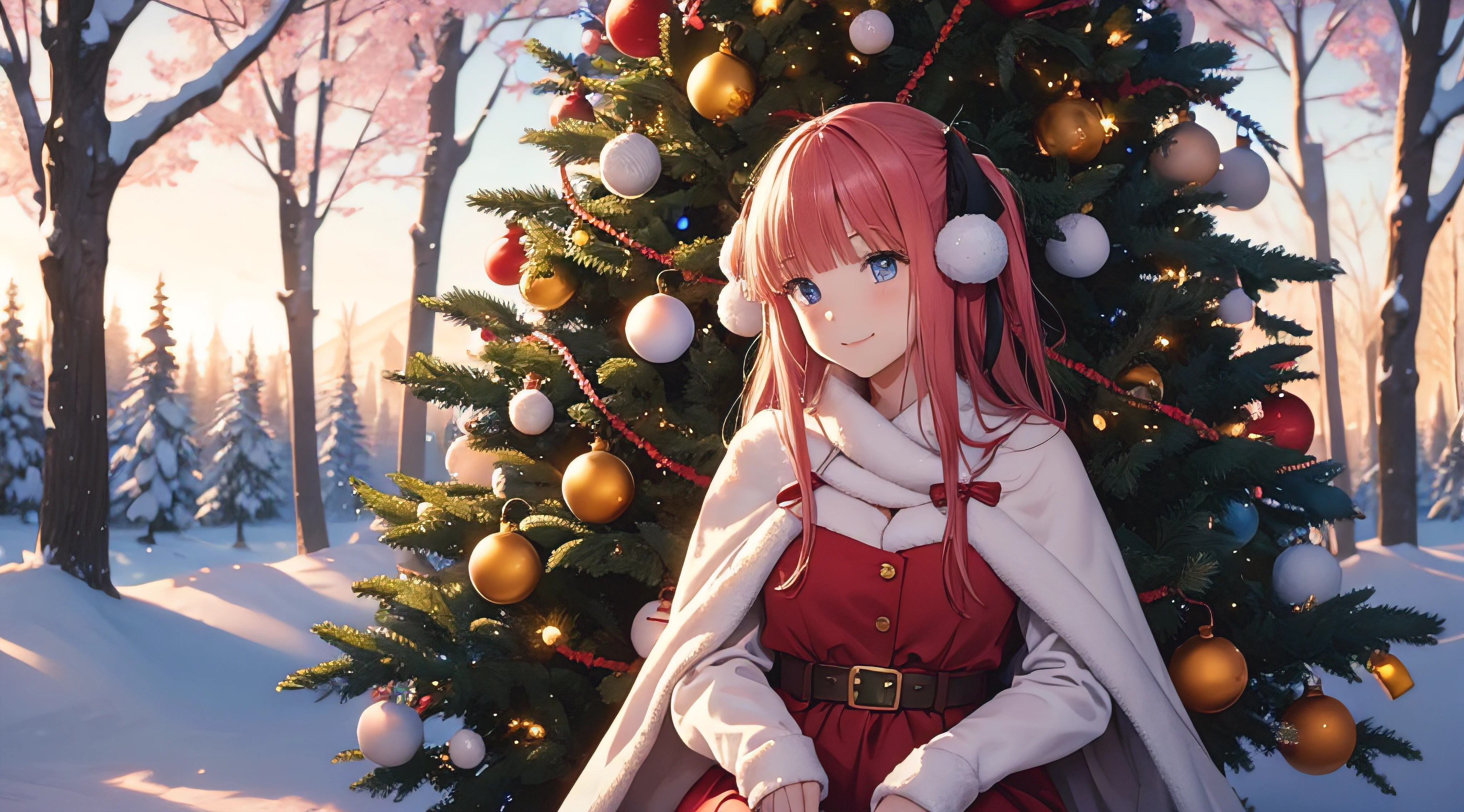 Nino Nakano sonriendo,orejas largas,sexy,Christmas Dress,bosque nevado,arbol de navidad