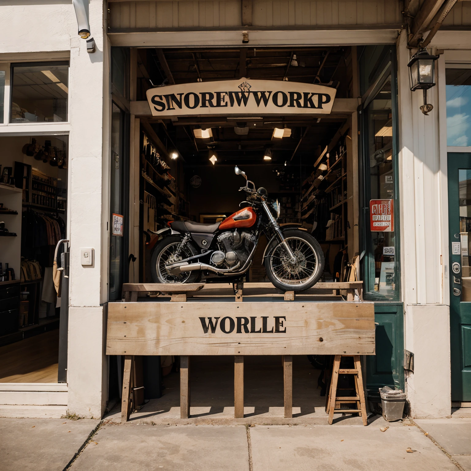 A sign for a motorcycle workshop in the shape of a handlebar and the name of the store and workshop handlebars