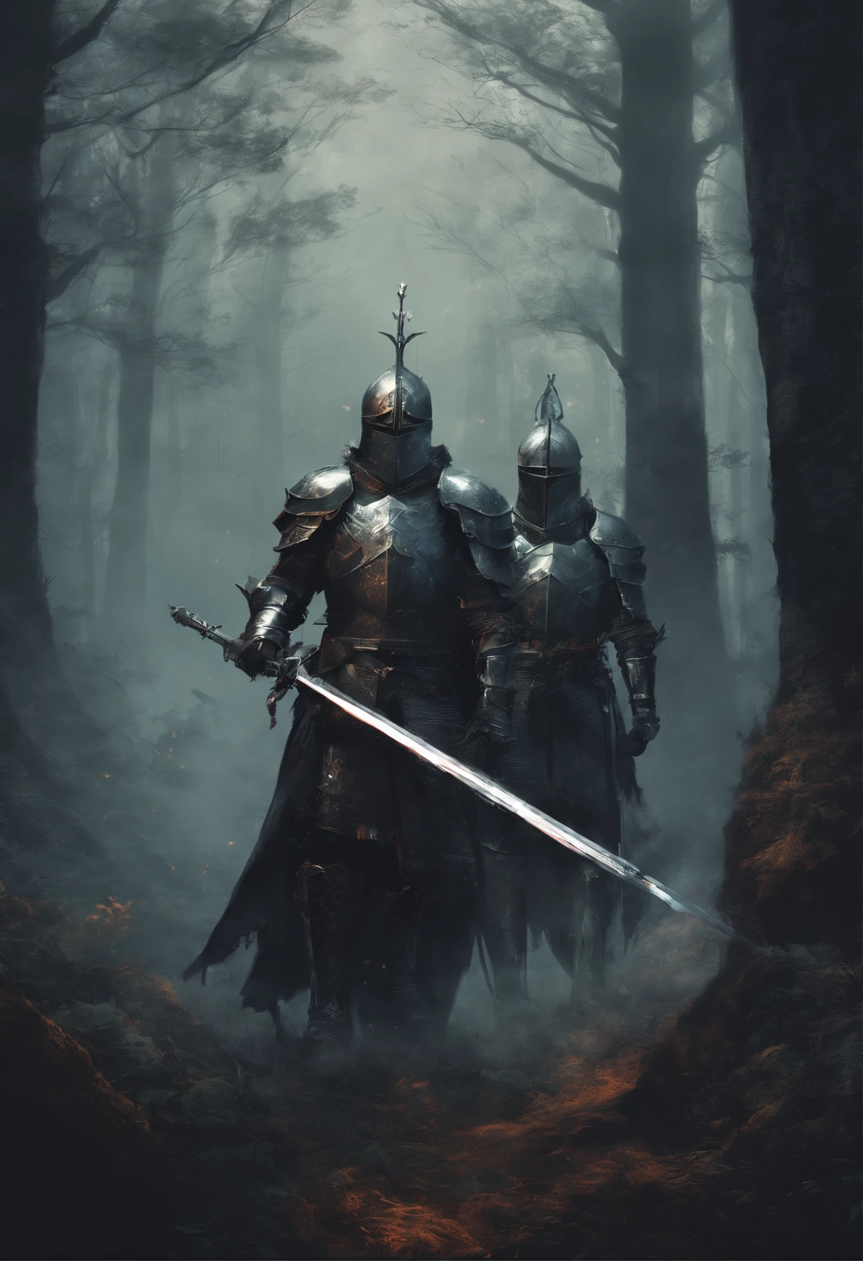 2 knights , holding their swords, in a dark forest, dark fantasy style, retro, high quality, high detail, 8k