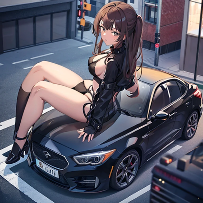 Giantess, huge giantess, big giantess, tall girl, black lingerie, aroused, sitting on car, crushing car, crushed car, crushing, butt crush, looking at viewer,