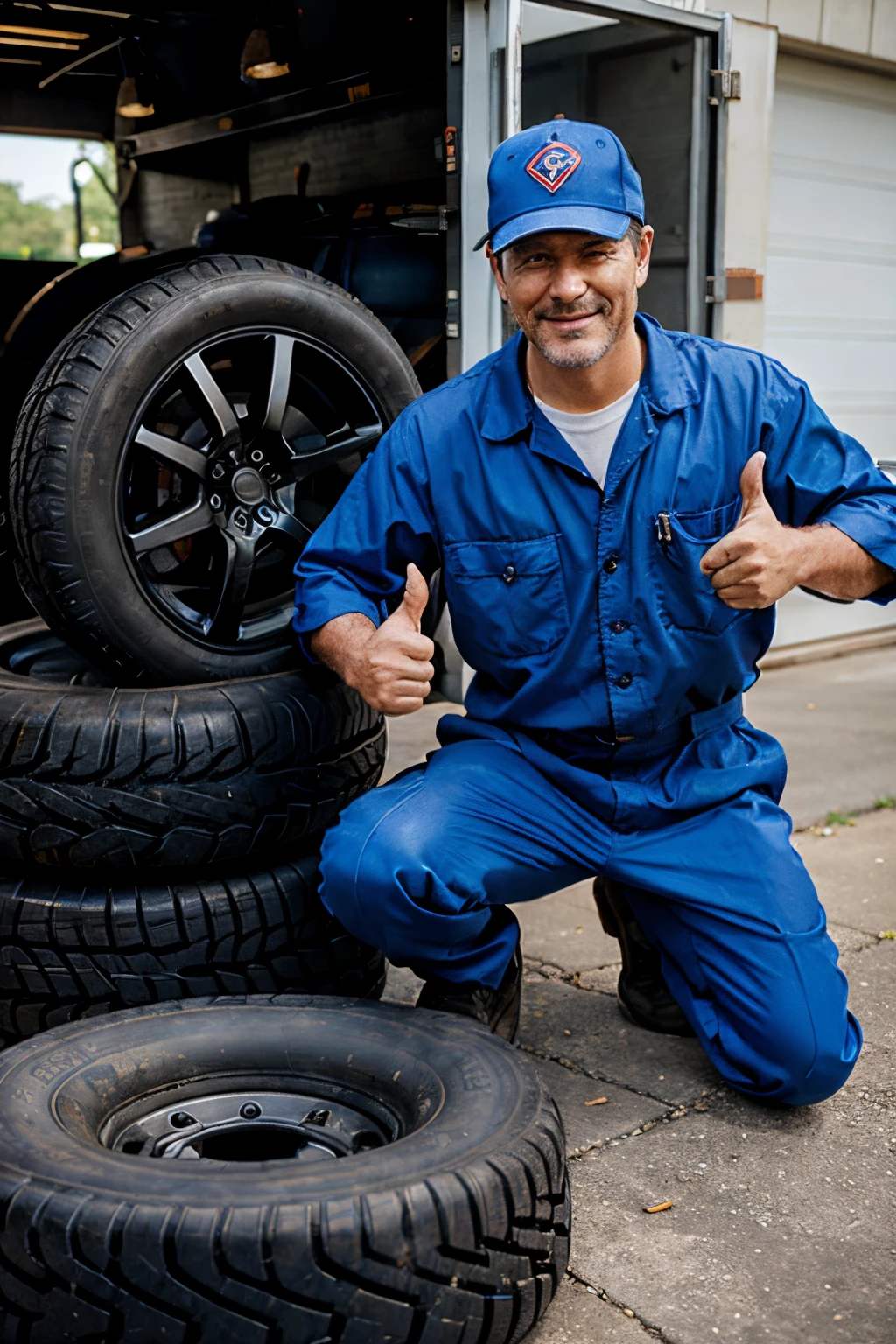 tire repairman holding tire and giving thumbs up