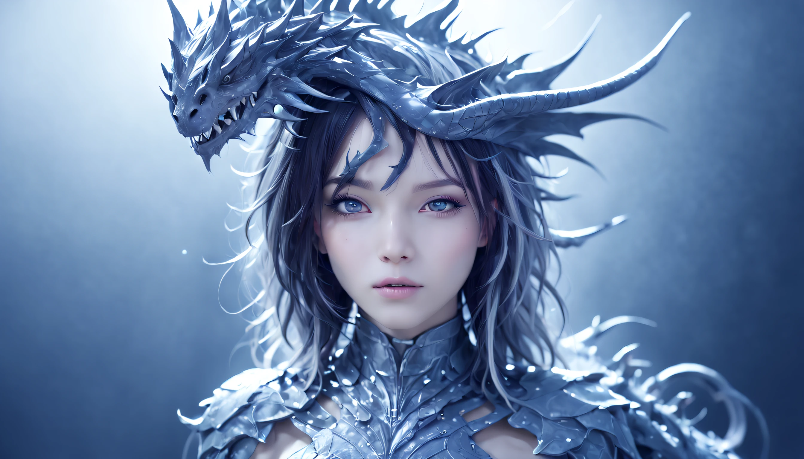 01_(Epic Character) (Dragon Girl). Horizontal composition, with some offset from the center-wide format. (Very beautiful creature, graceful form). (Alien creature, determined nature, menacingly beautiful). (Dragon Girl, a fantastic fantasy image, a creature with clear white skin, created for love, consists of graceful forms shimmering in the light, he is ready to love). (The body is covered with armor, armor). A very beautiful head, alien shape, (hair fetish hairstyle, shamanic amulets). Very beautiful - exotic face, slanted eyes, sensual lips, parted mouth, white - neat teeth, small fangs. A half-naked body with white pearlescent skin, a wide neckline, and small beautiful breasts, the body is covered with an exoskeleton, scars, hard black scales, the texture of the exoskeleton with artificial material (stone plastic and bionics, ground, polished, smooth, bas-relief, bionics, cyberpunk – they decorate protective plates on a very beautiful body, shoulders, knees, arms). Anatomy of an alien creature with pronounced sexual forms. The armor is decorated with scars - notches, relic bas-reliefs of alien meaning. 02_The composition is located in a horizontal frame. Eliminate symmetry, the main mass is not placed clearly in the center - with a slight offset. Magic, fantasy, sexual nature.
03_ Cold range of lighting, evening, snow storm, elements, gusty wind, slanting snow whirlwinds, dark blue, snowy background. Contrasting, clear lighting, warm magical light, clear cold shadows, contrasting image. Ice, snow, snow decor, intricate patterns. The highest image quality, a masterpiece, computer graphics. Cinematic level of performance, animated film. HD quality, wide format, 8K. 3D visualization. The scene was recreated using Unreal Engine. The highest quality, details, textures, materials, and clear forms (smooth bionic, synthetic material, artificial stone, plastic, metal). Black radiance from the depths of forms. Frontal view from camera, perspective, with watery ceilings, d
