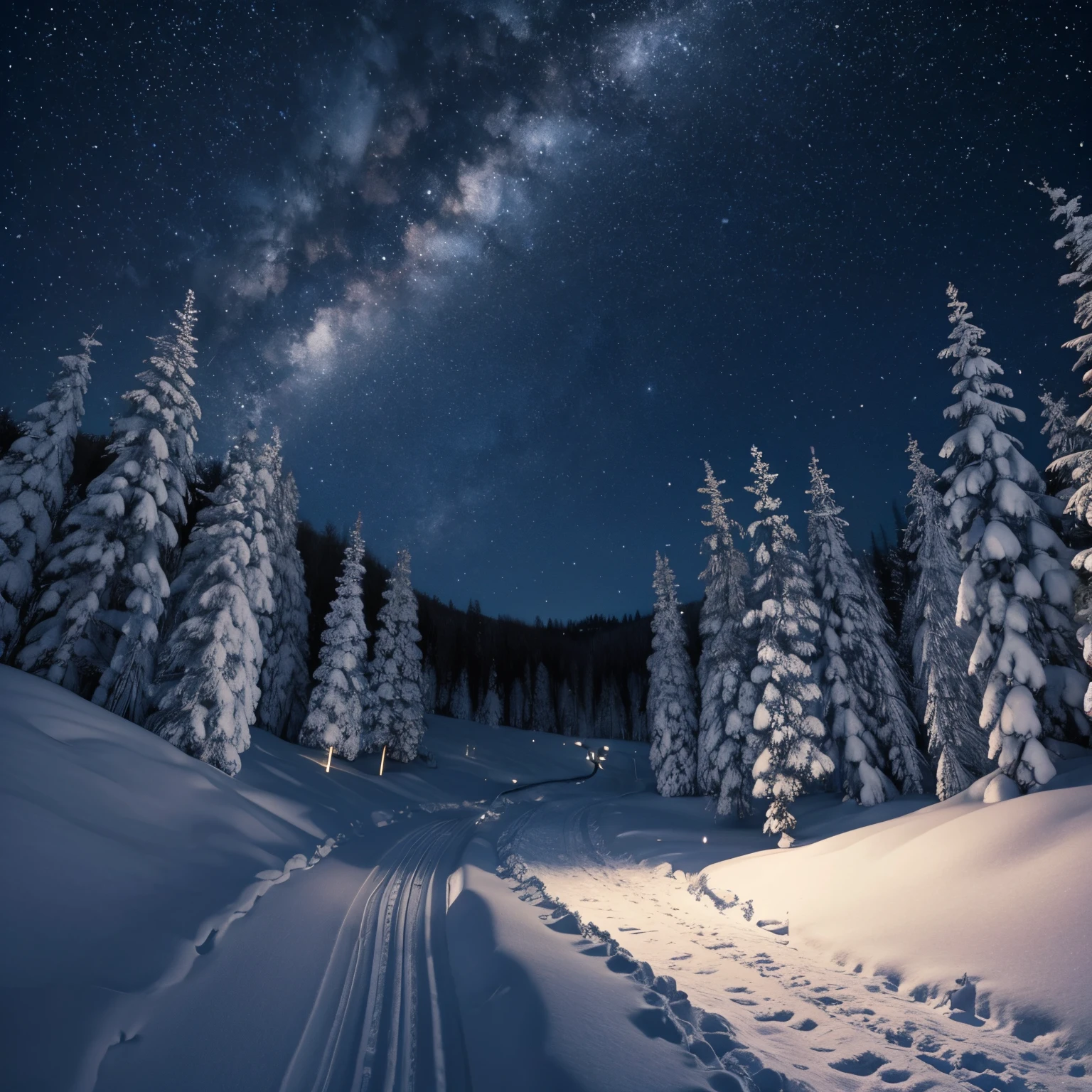 Small path in snow and stars in the sky with a magic touch to it