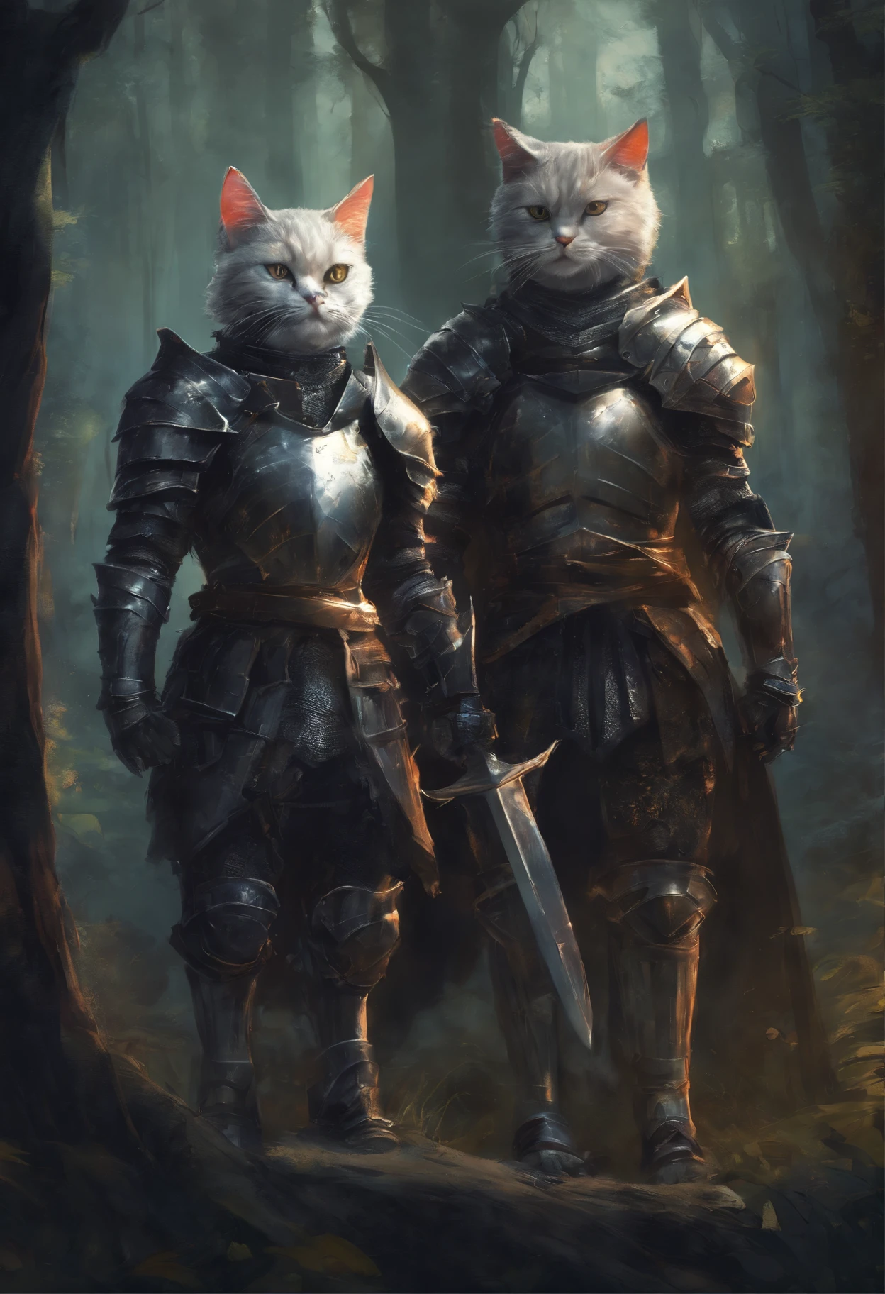 2 cats in knight armor, in a dark forest, dark fantasy style, retro, high quality, high detail, 8k