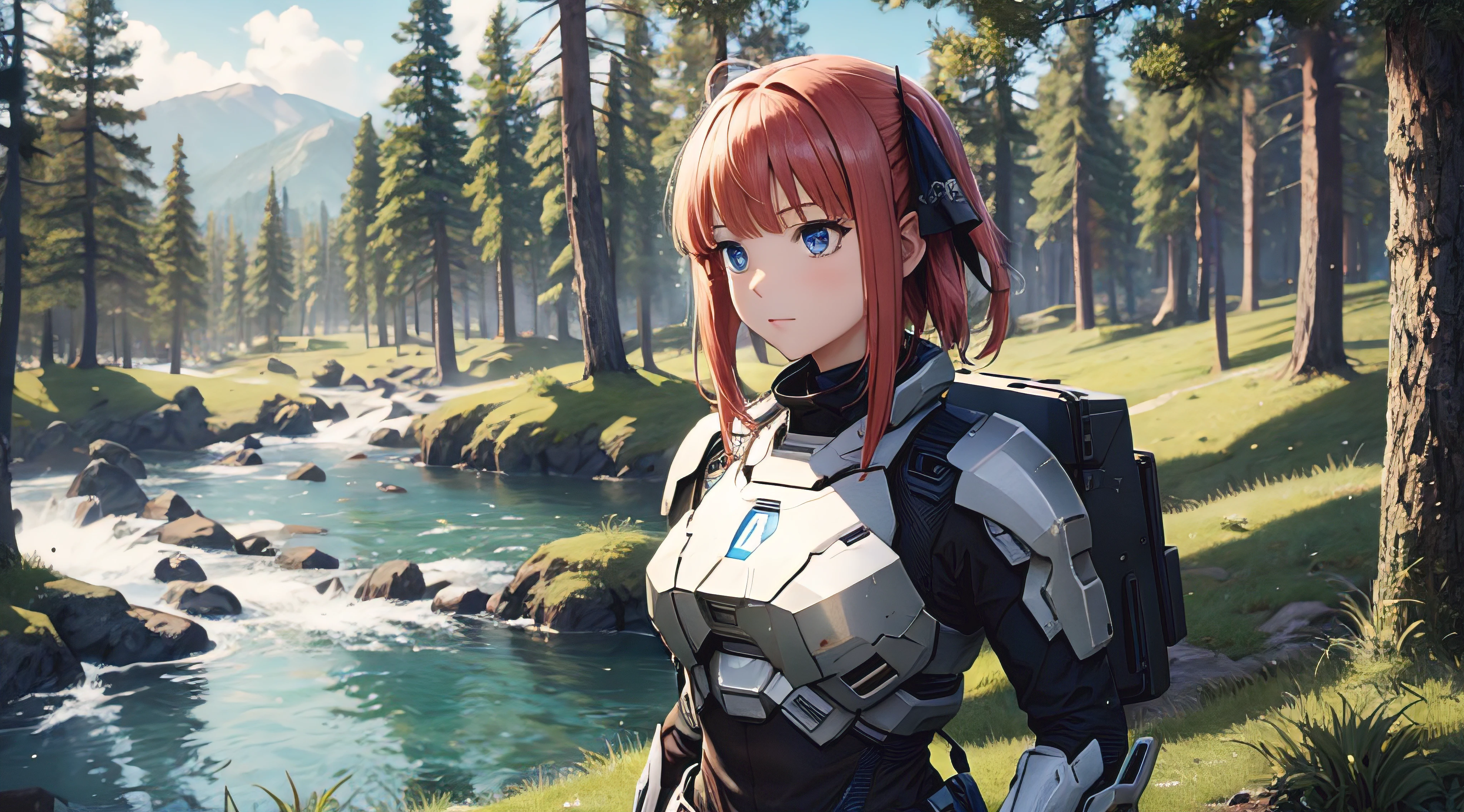 Nino Nakano,armadura de halo infinite,bosque noche,luz