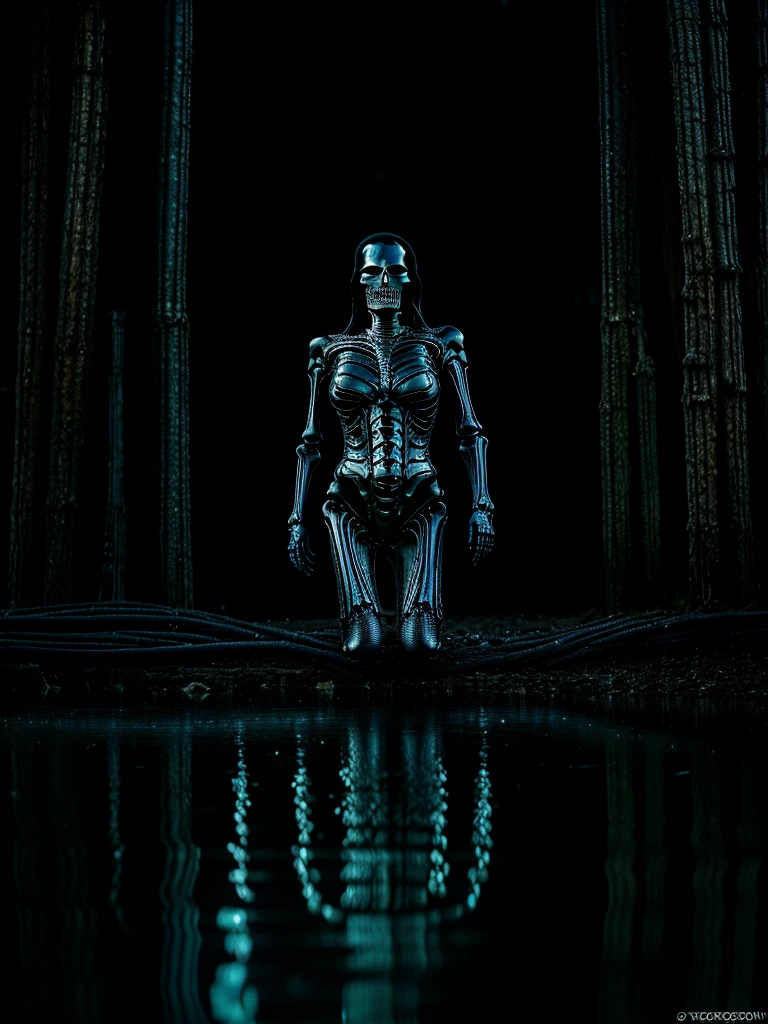 (photo shot, ultra-detailed, best quality, photorealistic:1.8, 8k, realistic, photography, melted bodies and skeletons, exomorph, oiled skin, dark mood, obscene mood, necronomicon, dark background, petrol colours, vibrant colours, 35mm, emerging from black oil, high contrast, rain, liquid reflections, shiny reflections, in the style of HR Giger