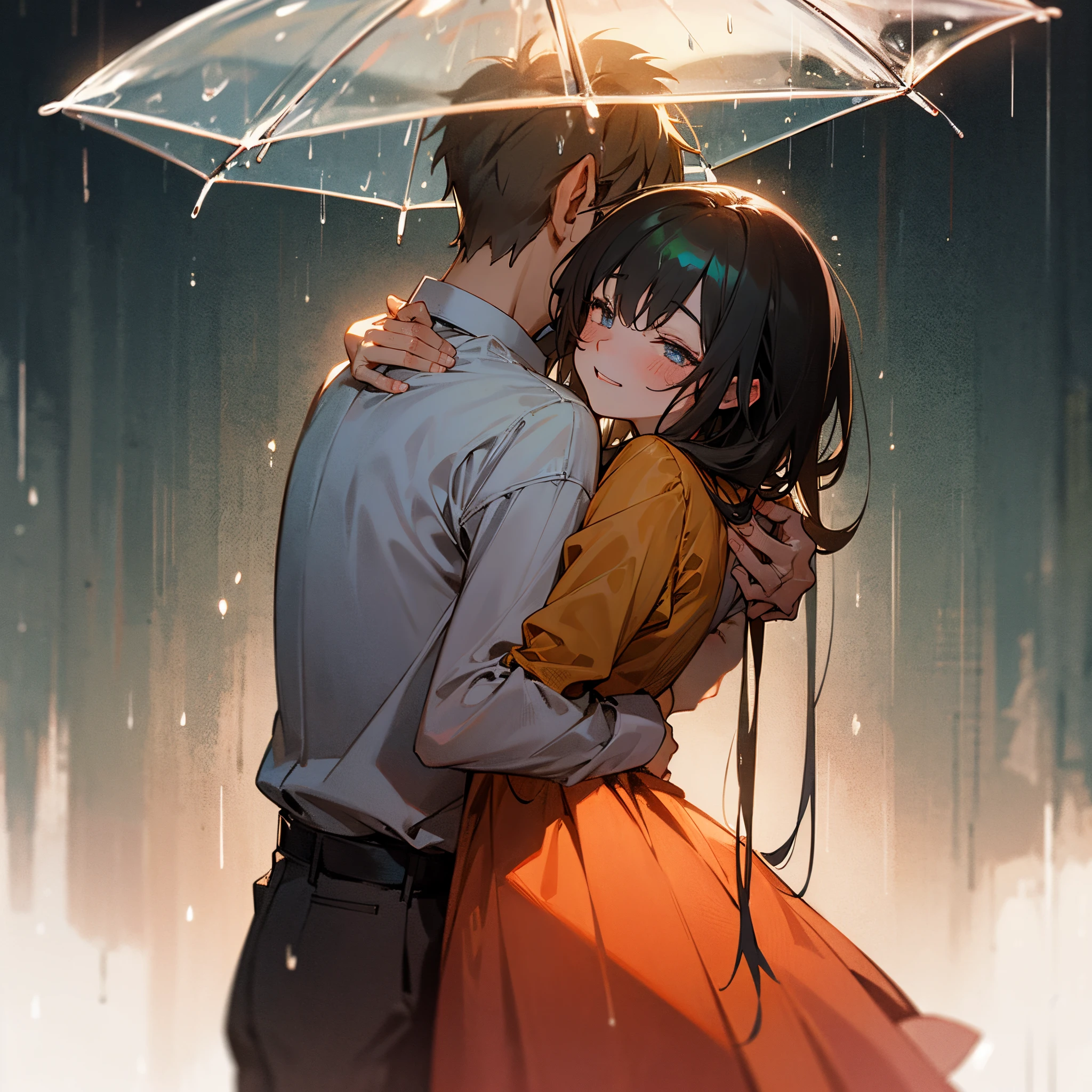 boy and girl hugging in rain