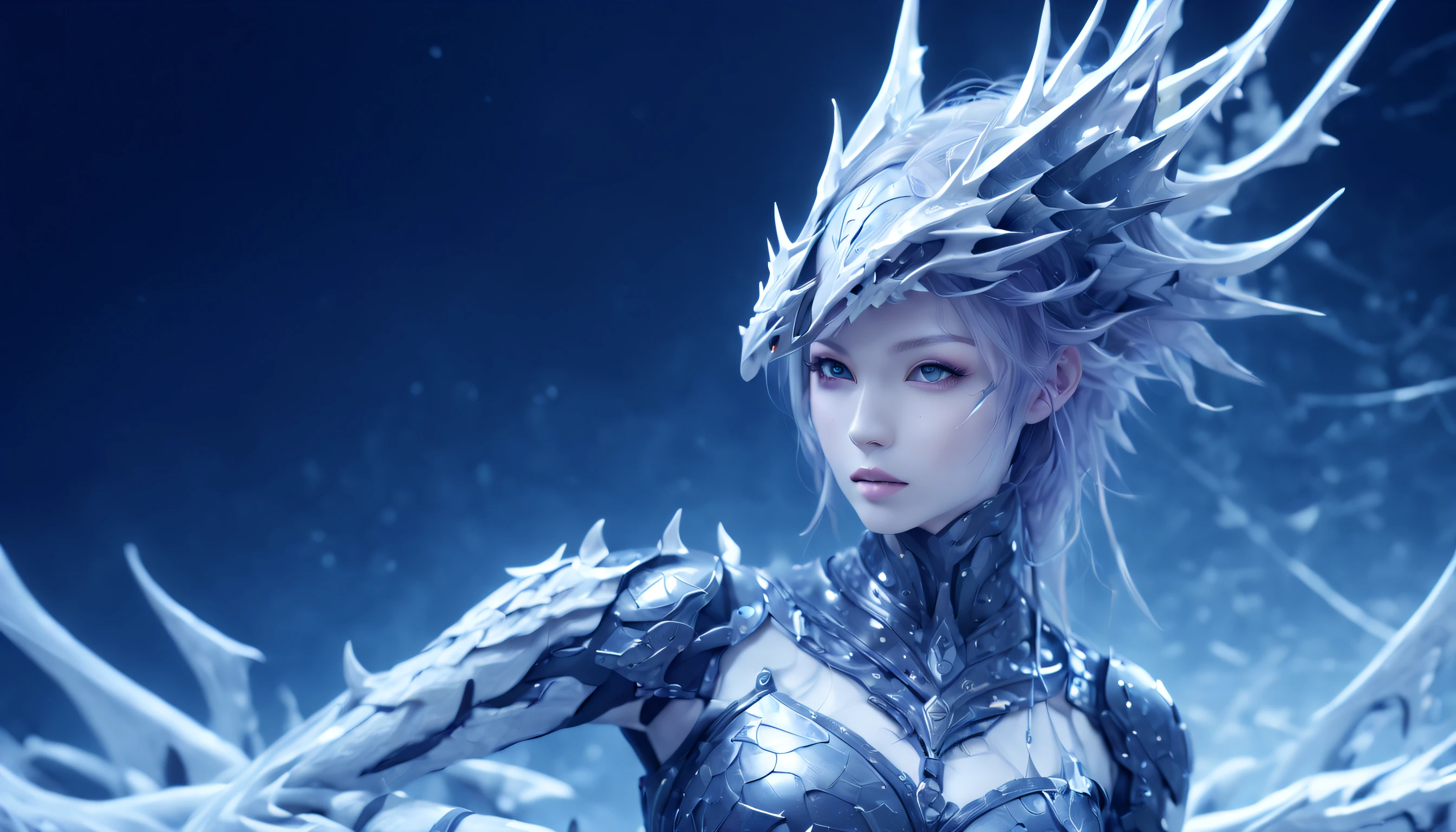 01_(Epic Character) (Dragon Girl). Horizontal composition, with some offset from the center-wide format. (Very beautiful creature, graceful form). (Alien creature, determined nature, menacingly beautiful). (Dragon Girl, a fantastic fantasy image, a creature with clear white skin, created for love, consists of graceful forms shimmering in the light, he is ready to love). (The body is covered with armor, armor). A very beautiful head, alien shape, (hair fetish hairstyle, shamanic amulets). Very beautiful - exotic face, slanted eyes, sensual lips, parted mouth, white - neat teeth, small fangs. A half-naked body with white pearlescent skin, a wide neckline, and small beautiful breasts, the body is covered with an exoskeleton, scars, hard black scales, the texture of the exoskeleton with artificial material (stone plastic and bionics, ground, polished, smooth, bas-relief, bionics, cyberpunk – they decorate protective plates on a very beautiful body, shoulders, knees, arms). Anatomy of an alien creature with pronounced sexual forms. The armor is decorated with scars - notches, relic bas-reliefs of alien meaning. 02_The composition is located in a horizontal frame. Eliminate symmetry, the main mass is not placed clearly in the center - with a slight offset. Magic, fantasy, sexual nature.
03_ Cold range of lighting, evening, snow storm, elements, gusty wind, slanting snow whirlwinds, dark blue, snowy background. Contrasting, clear lighting, warm magical light, clear cold shadows, contrasting image. Ice, snow, snow decor, intricate patterns. The highest image quality, a masterpiece, computer graphics. Cinematic level of performance, animated film. HD quality, wide format, 8K. 3D visualization. The scene was recreated using Unreal Engine. The highest quality, details, textures, materials, and clear forms (smooth bionic, synthetic material, artificial stone, plastic, metal). Black radiance from the depths of forms. Frontal view from camera, perspective, with watery ceilings, d