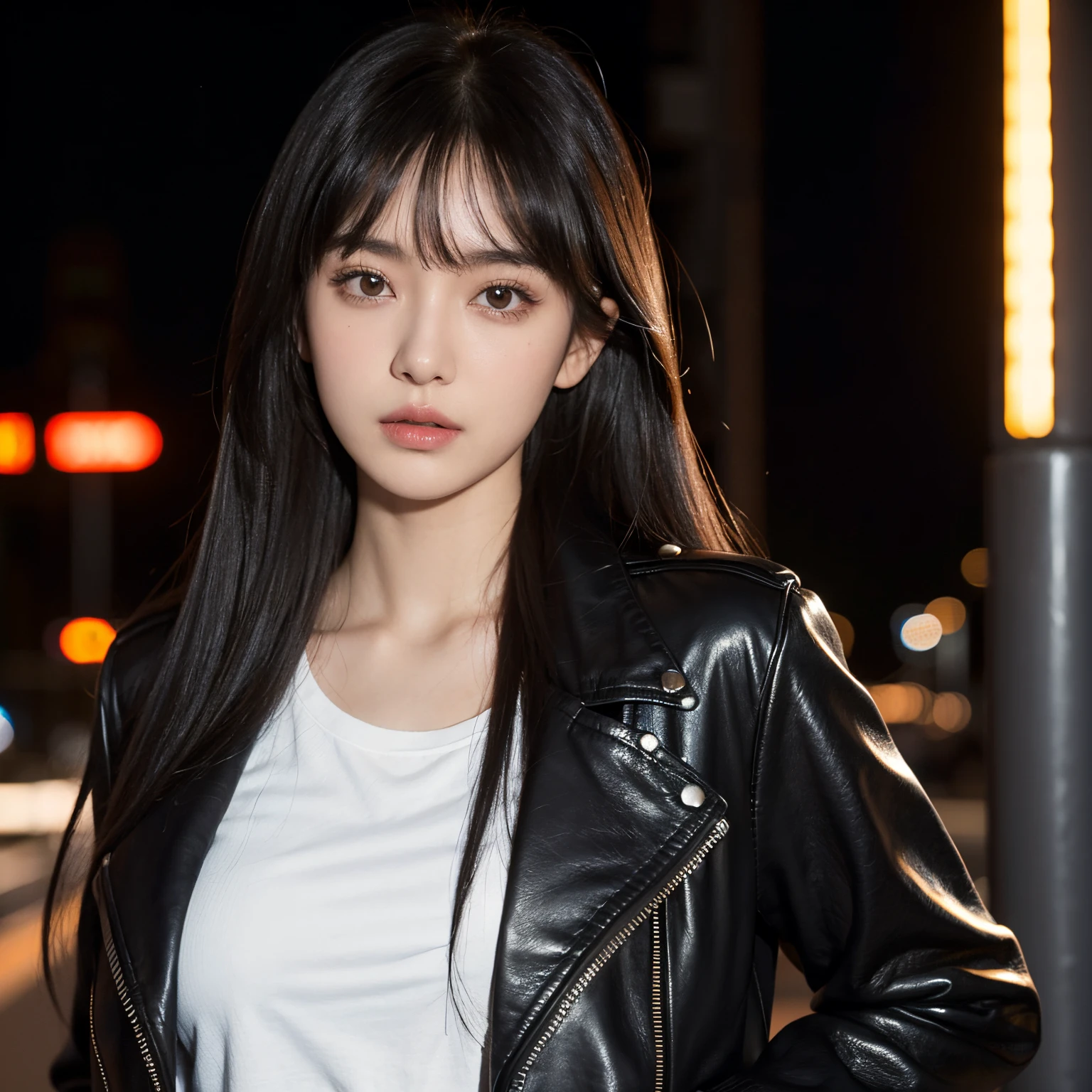 20years old, Long black hair, loose hair, bangs on her head, Brown eyes, small chest, black leather jacket, t-shirts, Jeans, Background: Modern city night,a closeup of a, Portrait,Looks straight