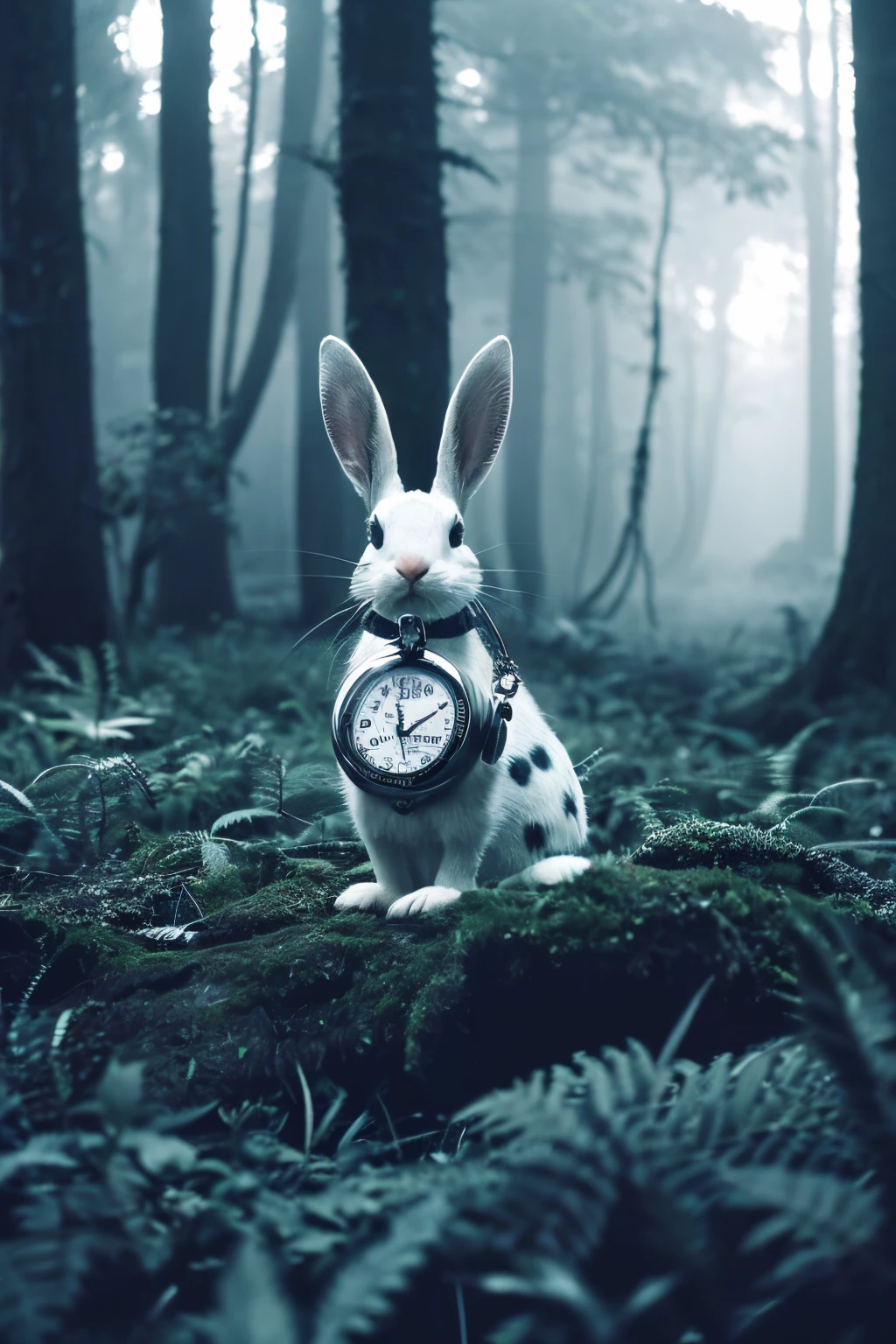 A black and white spotted rabbit with a pocket watch hanging from its neck., The forest is a little bluish、Fog is coming out