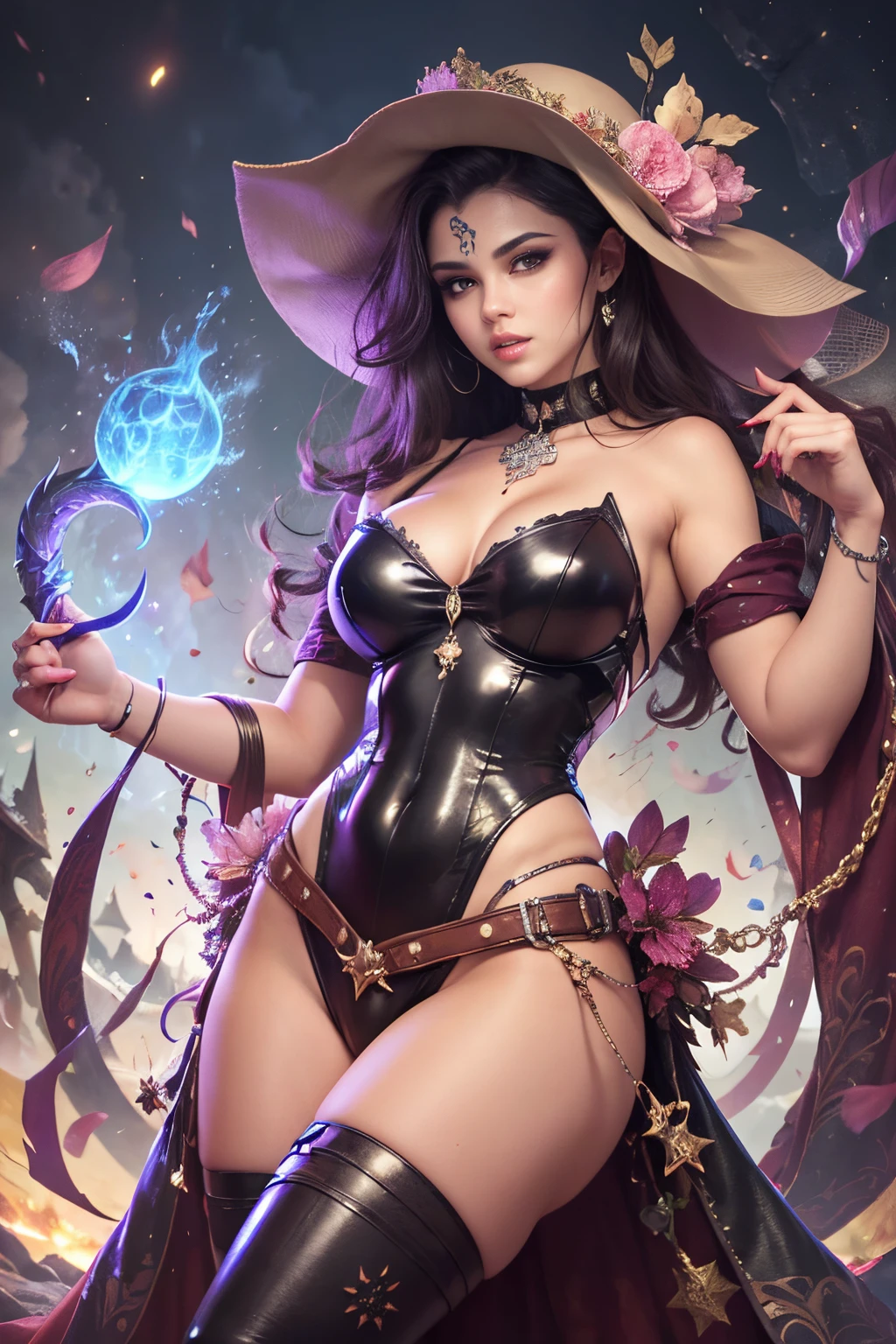 (MASTERPIECE) This snow-white D&D fighter, reminiscent of Selena Gomez, draws inspiration from Morgana from League of Legends. She embodies the essence of a female Disney villain, wielding a hat and whip, casting a dark Christmas-themed sorceress supervillain