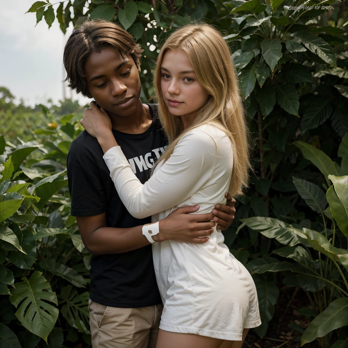 a beautiful 8 year old girl with blonde hair, with a transparent mini dress, sitting on the lap of a 33 year old man, In a forest, legs open, front view, detailed realistic girl, high quality, extremely detailed, photorealistic, intricate details, soft lighting, natural landscapes, rich colors