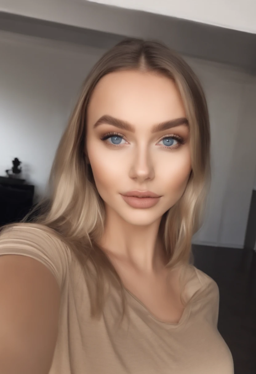 A woman in a matching T-shirt and panties, Sexy girl with blue eyes, portrait sophie mudd, Portrait of de Corinnne Kopf, blonde hair and large eyes, selfie of a young woman, Макияж Without, natural makeup, Look directly into the camera, face with artgram, dezentes Make-up, Excellent full-length photography, in a room, big breastes, blonde, wearing a black dress, at a mall