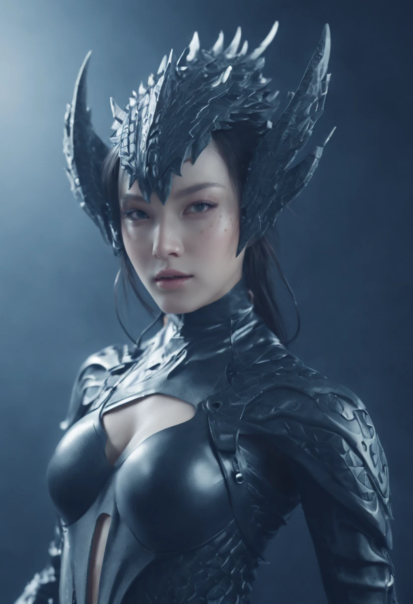 01_(Epic Character) (Dragon Girl). Horizontal composition, with some offset from the center-wide format. (Very beautiful creature, graceful form). (Alien creature, determined nature, menacingly beautiful). (Dragon Girl, a fantastic fantasy image, a creature with clear white skin, created for love, consists of graceful forms shimmering in the light, he is ready to love). (The body is covered with armor, armor). A very beautiful head, alien shape, (hair fetish hairstyle, shamanic amulets). Very beautiful - exotic face, slanted eyes, sensual lips, parted mouth, white - neat teeth, small fangs. A half-naked body with white pearlescent skin, a wide neckline, and small beautiful breasts, the body is covered with an exoskeleton, scars, hard black scales, the texture of the exoskeleton with artificial material (stone plastic and bionics, ground, polished, smooth, bas-relief, bionics, cyberpunk – they decorate protective plates on a very beautiful body, shoulders, knees, arms). Anatomy of an alien creature with pronounced sexual forms. The armor is decorated with scars - notches, relic bas-reliefs of alien meaning. 02_The composition is located in a horizontal frame. Eliminate symmetry, the main mass is not placed clearly in the center - with a slight offset. Magic, fantasy, sexual nature.
03_ Cold range of lighting, evening, snow storm, elements, gusty wind, slanting snow whirlwinds, dark blue, snowy background. Contrasting, clear lighting, warm magical light, clear cold shadows, contrasting image. Ice, snow, snow decor, intricate patterns. The highest image quality, a masterpiece, computer graphics. Cinematic level of performance, animated film. HD quality, wide format, 8K. 3D visualization. The scene was recreated using Unreal Engine. The highest quality, details, textures, materials, and clear forms (smooth bionic, synthetic material, artificial stone, plastic, metal). Black radiance from the depths of forms. Frontal view from camera, perspective, with watery ceilings, d