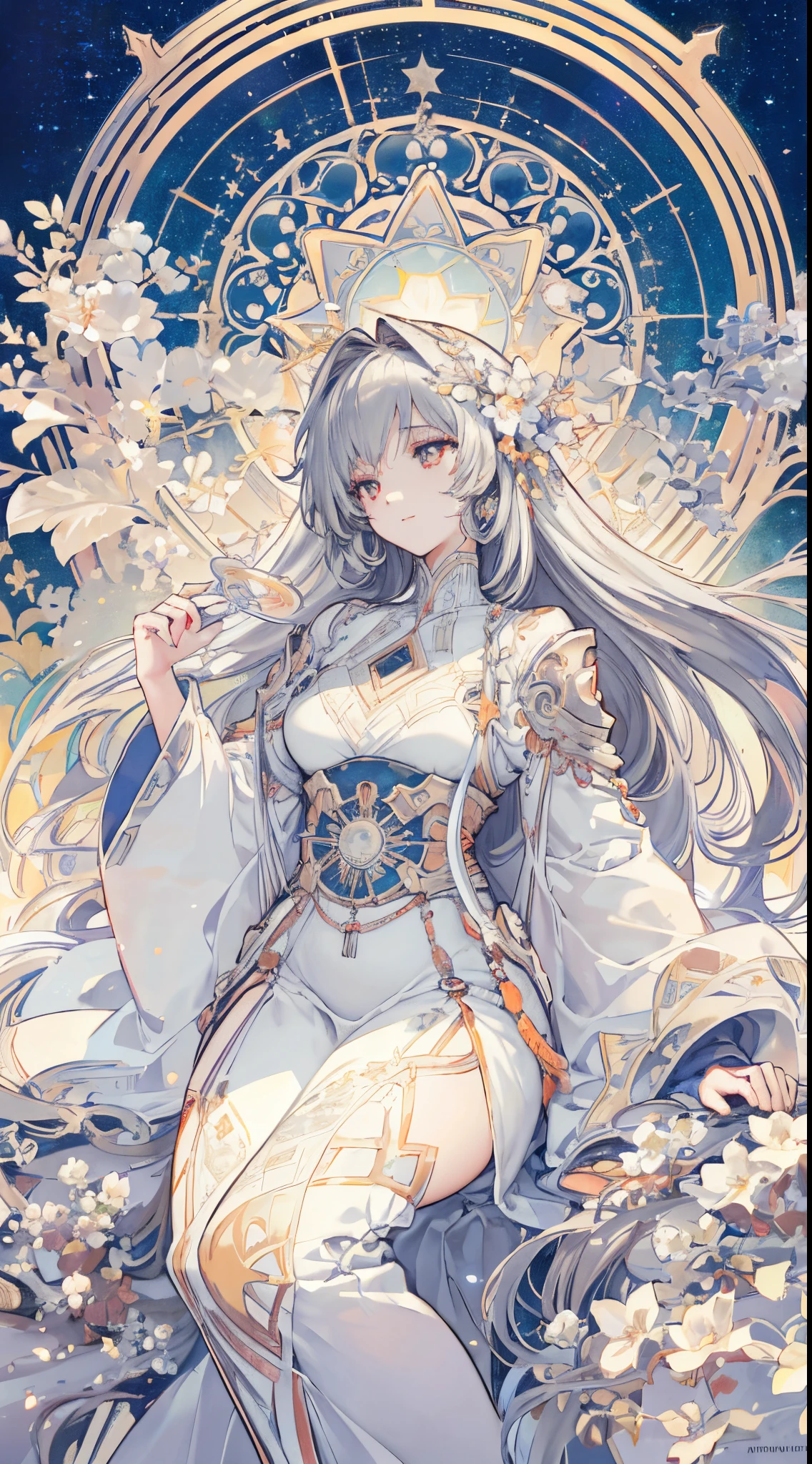 (thick thighs), (Curvy), Sexy, (Gray Hair), (Orange Eyes,) (Glowing Eyes,) 1 girl, Pale Skin, (Two-Tone Eyes), Eyelashes, Smile, Gleaming Skin, Shiny Hair, Long Hair, looking at you, anime, beautiful anime eyes, beautiful detailed eyes, eyes, glittering eyes, (Neon),(White Fencing Outfit, Detailed Outfit), Angelic, Halo, Flowers, (Galaxy, cloud, Starry, stars,colorful), (Sleepy Eye), Decorative panels, abstract artistic, Alphonse Mucha (masterpiece, best quality, A detailed, Complicated details, 4K, Color splattering, Line art, Fibonacci, (tarot cards),Cards