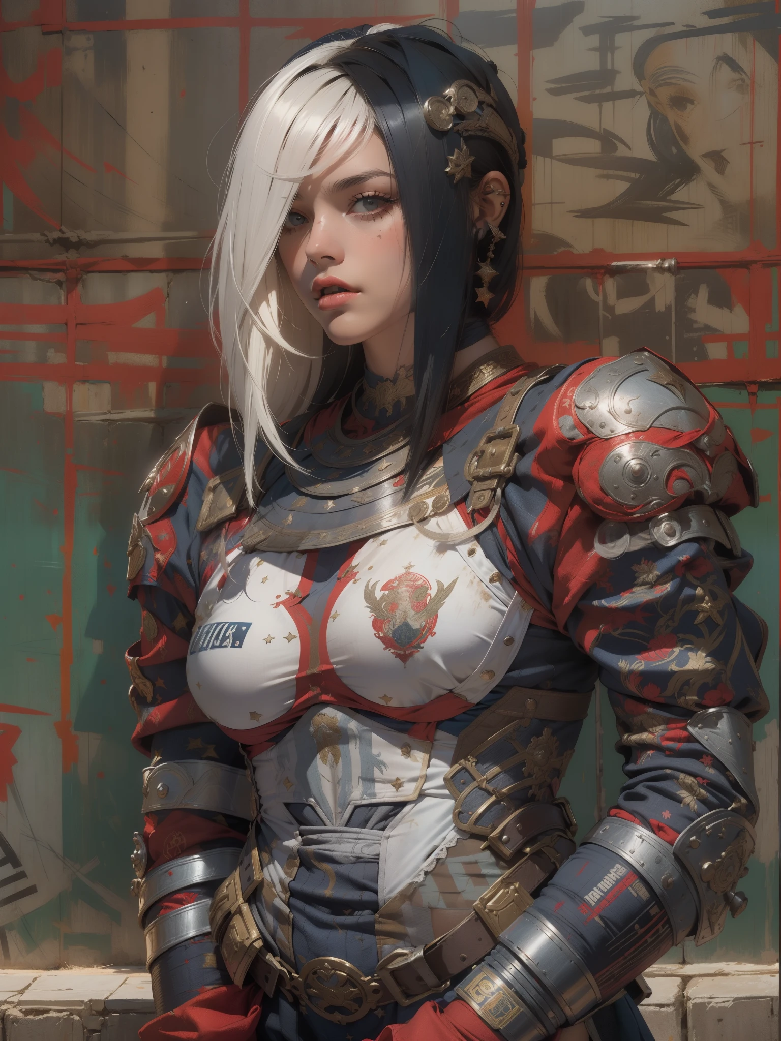 (((mulher))), (((melhor qualidade))), (((obra prima))), (((adulto))), (((1girl))), ((( corte de cabelo bob ))), ((( bonnet ))), Uma gladiadora cyberpunk mulher de 25 anos com corpo perfeito, shoulder pads with metal spines, Gladiadores do Brooklyn, (( corte de cabelo bob )), tiny leather panties, camiseta de time de rugby rasgada, quase nua no estilo selvagem urbano de Simon Bisley para a capa da revista Heavy Metal, Cabelo loiro curto, Minimum clothing, Metal protection on the left arm with intricate graphics, Dark red with white stars and white and navy blue checkerboard pattern, armadura, cheio de pontas e rebites, (((do joelho pra cima))), cabelos loiro branco curto, no fundo uma parede pintada por Shepard Fairey com um design intrincado