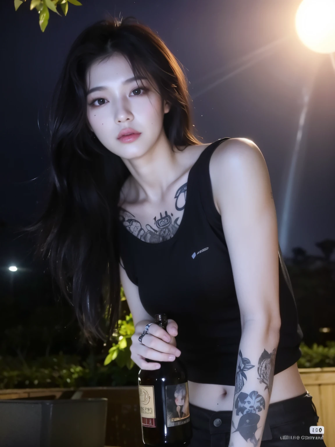 um close de uma mulher segurando uma garrafa de cerveja e uma garrafa, de taiwanesa com tatuagens, imagem de qualidade muito baixa, Cai Xukun, foto de baixa qualidade, Heonhwa Choe, Jinyoung Canela, 2 Modelo feminina de 4 anos, cruel korean goth girl, imagem vazada, Xision Wu, Jaeyeon Nam, Mulher sul-coreana bonita, foto de perfil