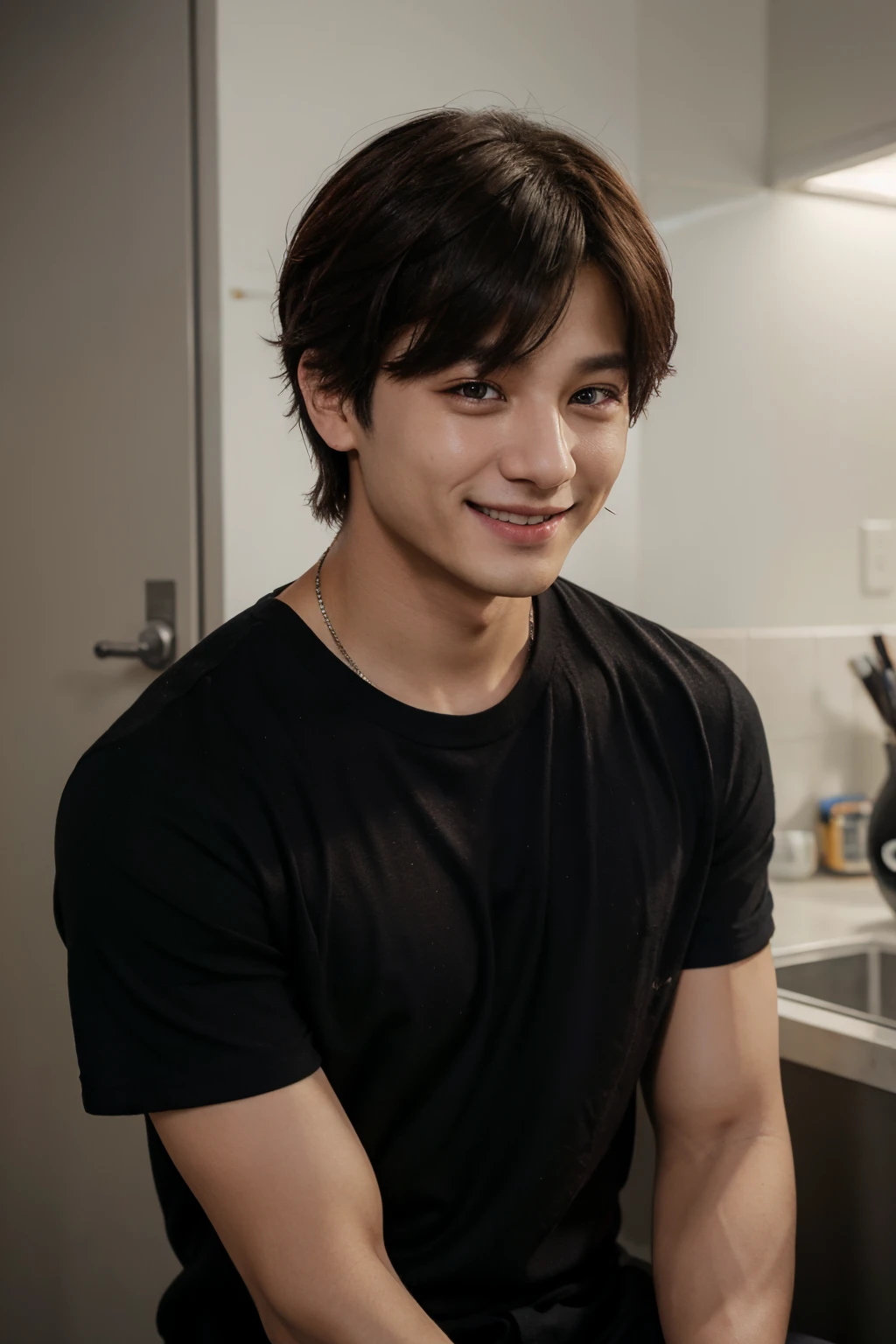 Jeon jungkook de bts wearing black short sleeve shirt with his hair a little messy while smiling subtly at the camera.