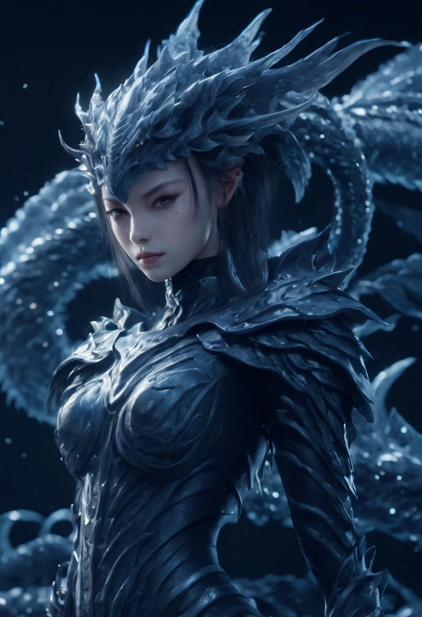01_(Epic Character) (Dragon Girl). Horizontal composition, with some offset from the center-wide format. (Very beautiful creature, graceful form). (Alien creature, determined nature, menacingly beautiful). (Dragon Girl, a fantastic fantasy image, a creature with clear white skin, created for love, consists of graceful forms shimmering in the light, he is ready to love). (The body is covered with armor, armor). A very beautiful head, alien shape, (hair fetish hairstyle, shamanic amulets). Very beautiful - exotic face, slanted eyes, sensual lips, parted mouth, white - neat teeth, small fangs. A half-naked body with white pearlescent skin, a wide neckline, and small beautiful breasts, the body is covered with an exoskeleton, scars, hard black scales, the texture of the exoskeleton with artificial material (stone plastic and bionics, ground, polished, smooth, bas-relief, bionics, cyberpunk – they decorate protective plates on a very beautiful body, shoulders, knees, arms). Anatomy of an alien creature with pronounced sexual forms. The armor is decorated with scars - notches, relic bas-reliefs of alien meaning. 02_The composition is located in a horizontal frame. Eliminate symmetry, the main mass is not placed clearly in the center - with a slight offset. Magic, fantasy, sexual nature.
03_ Cold range of lighting, evening, snow storm, elements, gusty wind, slanting snow whirlwinds, dark blue, snowy background. Contrasting, clear lighting, warm magical light, clear cold shadows, contrasting image. Ice, snow, snow decor, intricate patterns. The highest image quality, a masterpiece, computer graphics. Cinematic level of performance, animated film. HD quality, wide format, 8K. 3D visualization. The scene was recreated using Unreal Engine. The highest quality, details, textures, materials, and clear forms (smooth bionic, synthetic material, artificial stone, plastic, metal). Black radiance from the depths of forms. Frontal view from camera, perspective, with watery ceilings, d