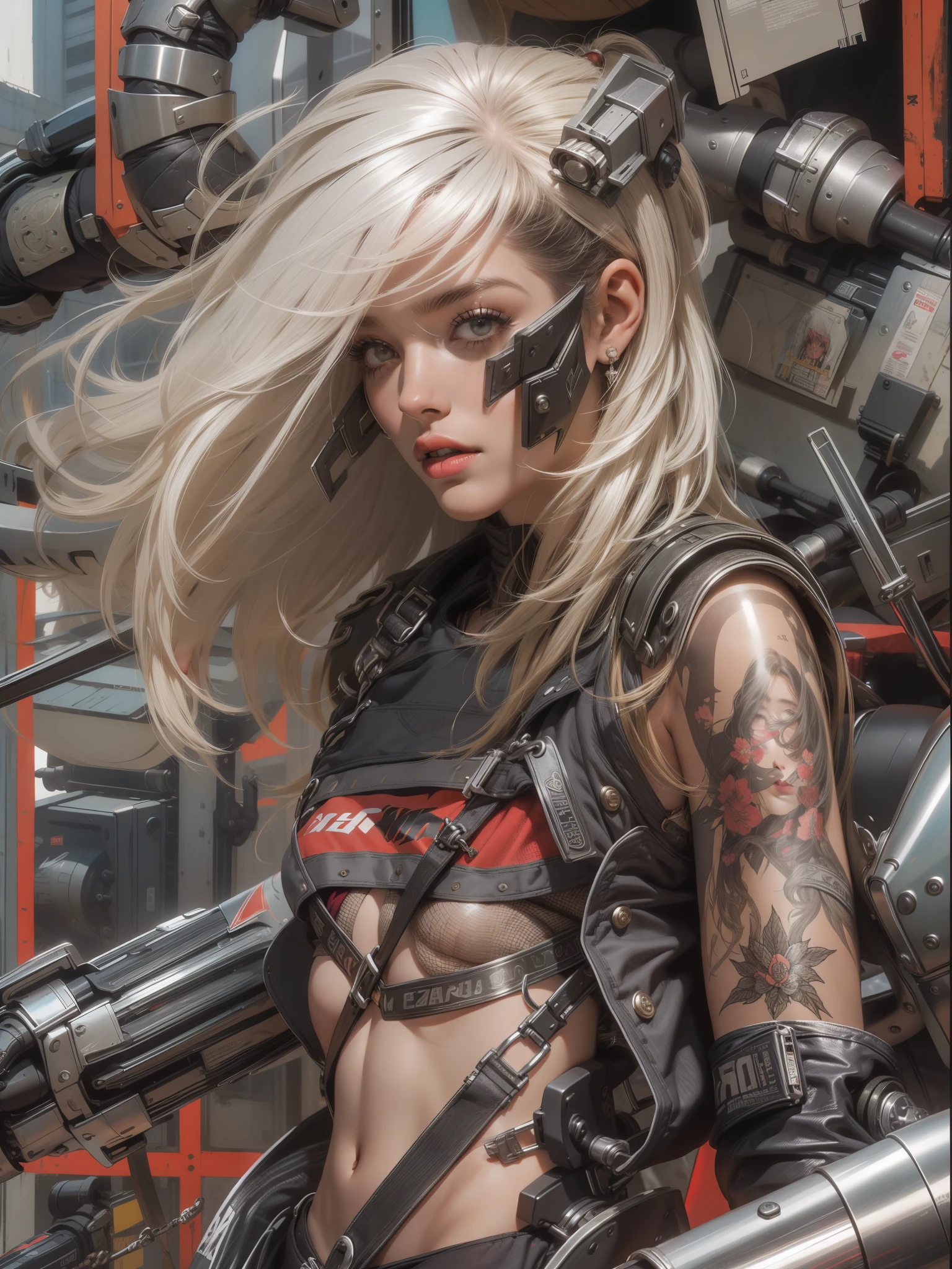 (((mulher))), (((melhor qualidade))), (((obra prima))), (((adulto))), (((1girl))), ((( corte de cabelo bob ))), Uma gladiadora cyberpunk mulher de 25 anos com corpo perfeito, shoulder pads with metal spines, Gladiadores do Brooklyn, (( corte de cabelo bob )), tiny leather panties, transparent body showing the forget, quase nua no estilo selvagem urbano de Simon Bisley para a capa da revista Heavy Metal, Cabelo loiro curto, Minimum clothing, Metal protection on the left arm with intricate graphics, Vermelho escuro com estrelas brancas e respingos de preto e branco, armadura, cheio de espinhos, (((do joelho pra cima))), cabelos loiro branco curto, no fundo uma parede pintada por Shepard Fairey com um design intrincado