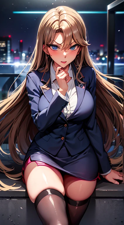 Bewitching anime girl in blue suit and tight skirt、Black tights,Inviting look、Buttoned shirt and brown hair,Ecchi anime style, bending forward,Kamimei,Red Light District at Night,neons