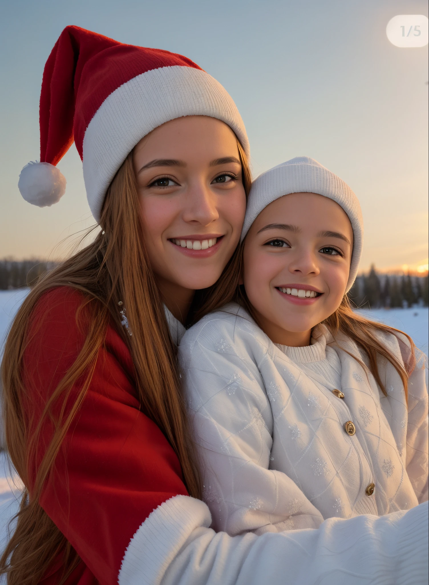 christmas portrait, mother and child in Santa costumes. Wearing Santa hats. Snow on the background, Decorated Christmas tree, Garland