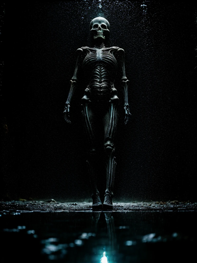 (photo shot, ultra-detailed, best quality, photorealistic:1.8, 8k, realistic, photography, melted bodies and skeletons, exomorph, oiled skin, dark mood, obscene mood, necronomicon, dark background, petrol colours, vibrant colours, 35mm, emerging from black oil, high contrast, rain, liquid reflections, shiny reflections, in the style of HR Giger