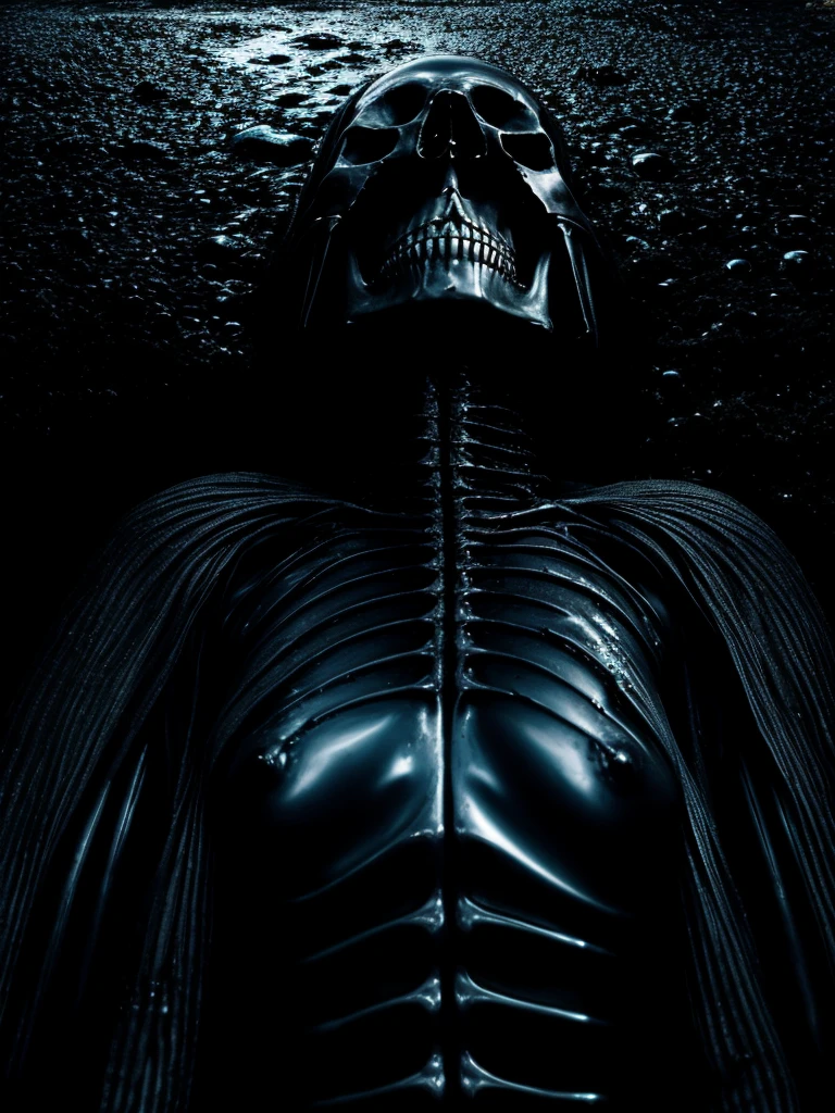 (photo shot, ultra-detailed, best quality, photorealistic:1.8, 8k, realistic, photography, melted bodies and skeletons, exomorph, oiled skin, dark mood, obscene mood, necronomicon, dark background, petrol colours, vibrant colours, 35mm, emerging from black oil, high contrast, rain, liquid reflections, shiny reflections, in the style of HR Giger