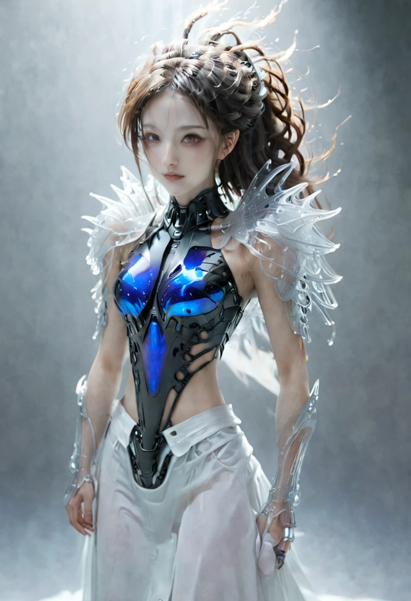 Elania Haywind,Highest image quality,Outstanding details,超高分辨率,(Fidelity:1.4), Favor the details,closeup cleavage,The background is a scene of a cosmic celestial body,High-tech dragon knight mech,He has a delicate and beautiful face,((Blue-white flying semi-mechanical fuselage:1.8)),high-tech weapon,Raised sexy,frontage,cyber punk perssonage,Futuristic,mechanically aesthetic,Virtual Engine 5,Perfect detail rendering,rendering by octane,hyper HD