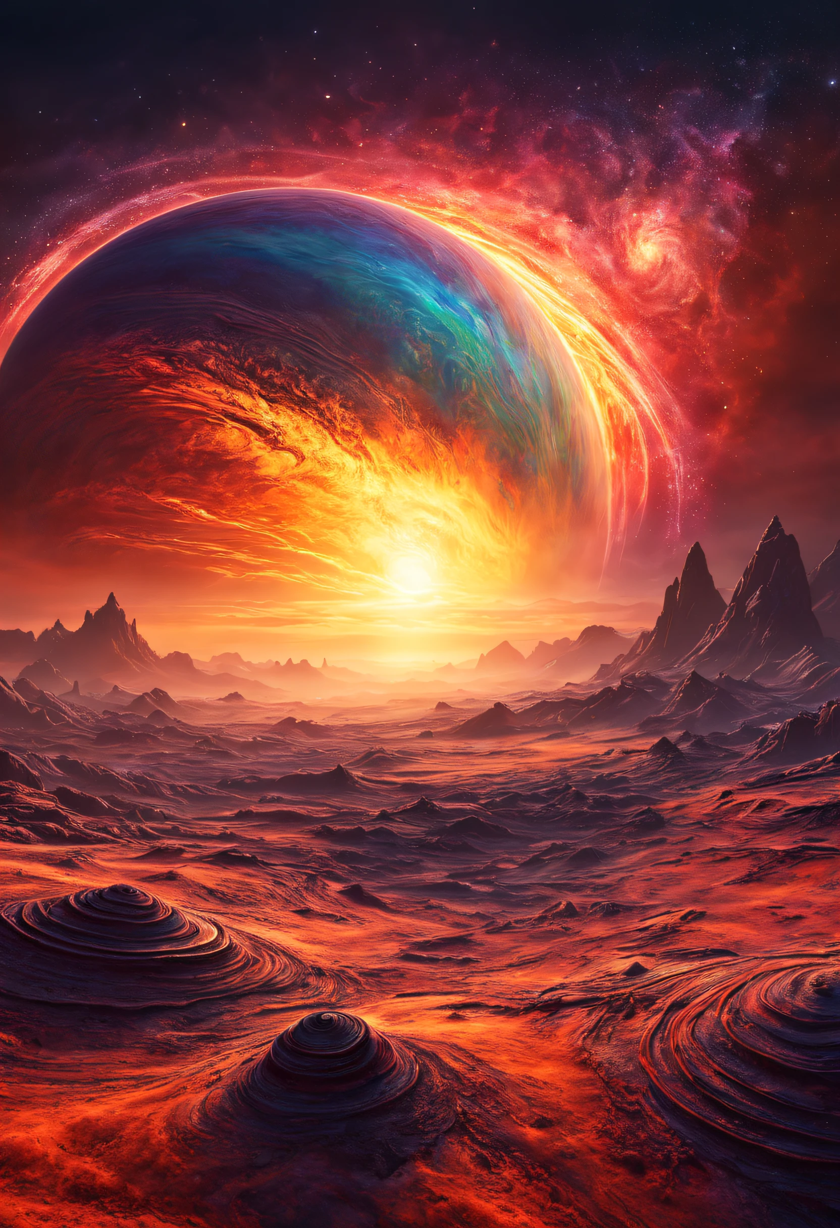 a magnificent sunset on a strange and mysterious alien planete. It's very textured and detailed with dreaming lot of whirlwind multicolored and dreaming dust