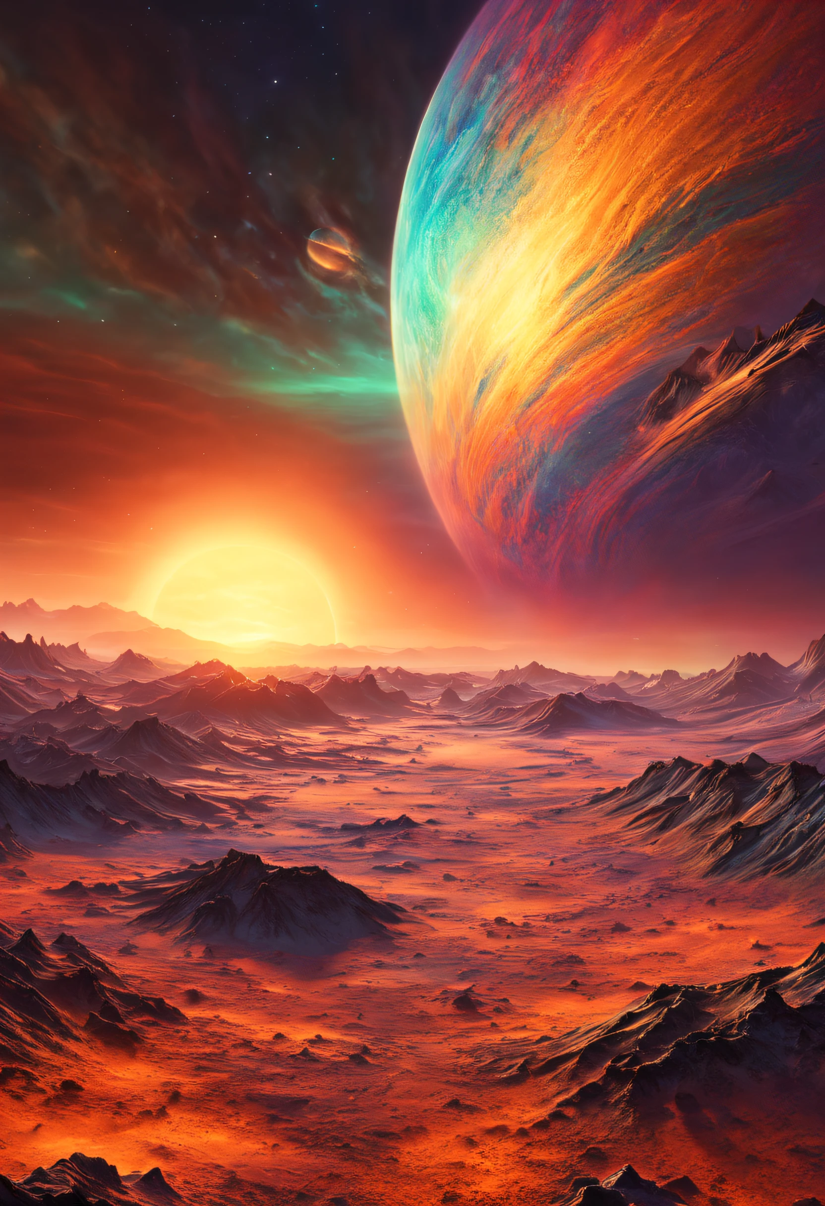 a magnificent sunset on a strange and mysterious alien planete. It's very textured and detailed with dreaming lot of whirlwind multicolored and dreaming dust