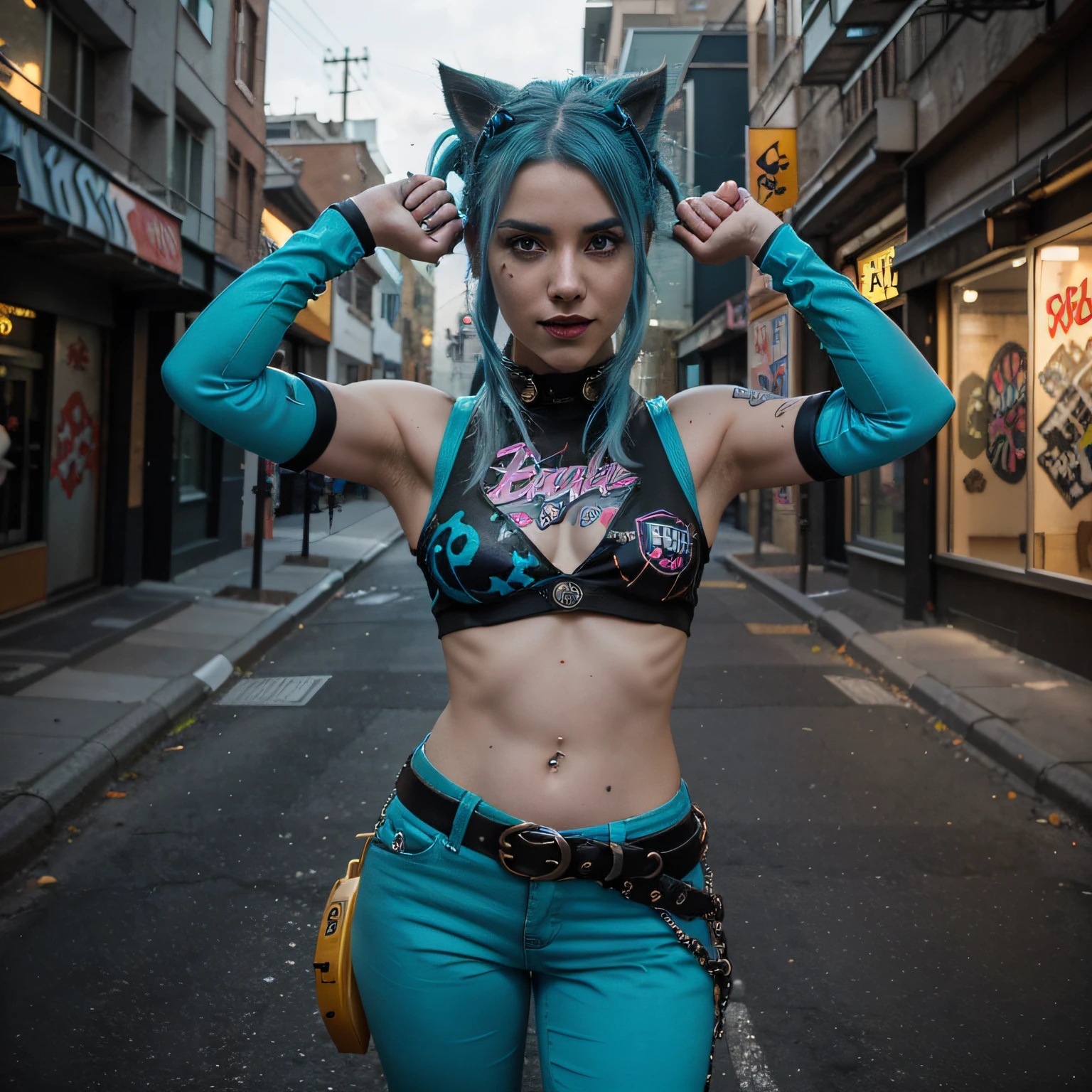 A Realistic, Full-length image of an 18-year-old in an energetic Jinx cosplay from League of Legends. TAGS: 'Azar', 'League of Legends', 'dinamic pose', 'sorriso travesso', 'cabelo azul'. This young girl embodies Jinx's chaotic spirit, captured in a dynamic and fun pose. Ela ostenta cabelo azul brilhante, styled in Jinx's signature wild and spiky style. Her costume is a vibrant and accurate representation of Jinx's outfit.., incluindo um top azul recortado com um visual divertido, anarchic project, tight pants with a belt full of simulated ammunition, e botas grossas. It is complemented with Jinx's trademark, superdimensionada., armas de desenho animado, aumentando a aura caprichosa, mas perigosa. The setting is an urban battlefield, reminiscente das ruas de Zaun, com graffiti e elementos futuristas ao fundo. This image brings to life Jinx's rebellious and energetic character, combining her iconic look with the youthful exuberance and bold attitude of a modern cosplayer