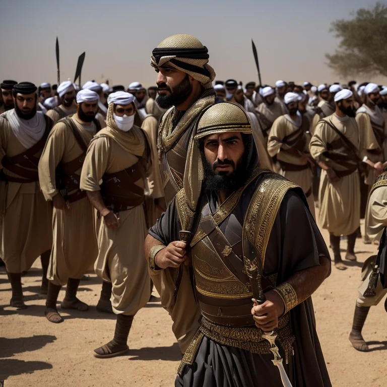 An Arab man in ancient times faces many soldiers to protect one man standing behind him carrying a sword