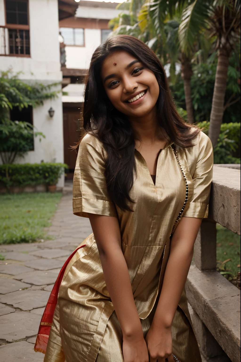An Indian dusky girl, age of 24, laughing, wearing an Indian ethnic wear, looking beautiful
