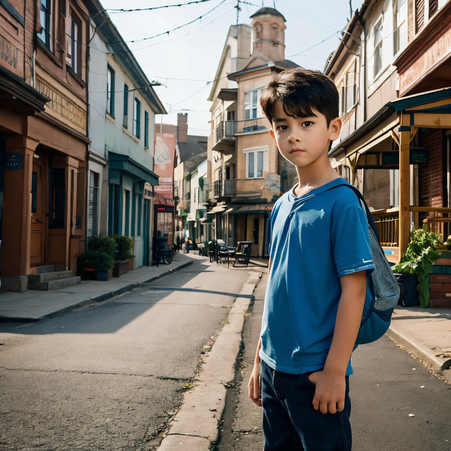 A young, remarkable kid named Alex stands before a quaint town, his determined gaze