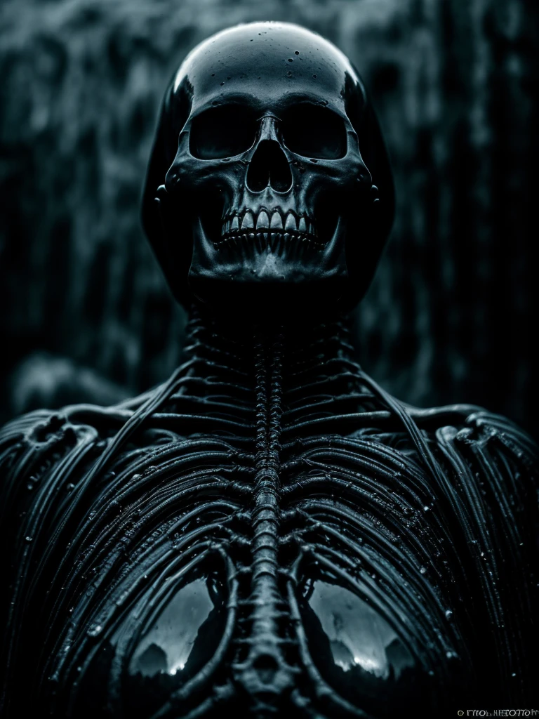 (photo shot, ultra-detailed, best quality, photorealistic:1.8, 8k, realistic, photography, melted bodies and skeletons, exomorph, oiled skin, dark mood, obscene mood, necronomicon, dark background, petrol colours, vibrant colours, 35mm, emerging from black oil, high contrast, rain, liquid reflections, shiny reflections, in the style of HR Giger