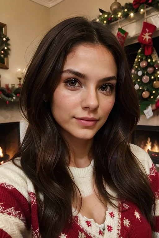20 yrs old, Italian, photography of a stunning girl, laying in front Christmas fireplace, wearing a Christmas sweater, cute face, green eyes, enjoying, girl, small bust, summer, hot girl, brunette hair, long_hair, symmetrical face, photorealistic, photography, spectacular lighting,, gorgeous, western, (masterpice), best quality, high resolution, extremely detailed, skin with pores, blurred background, depth of field, ((Selfie))
