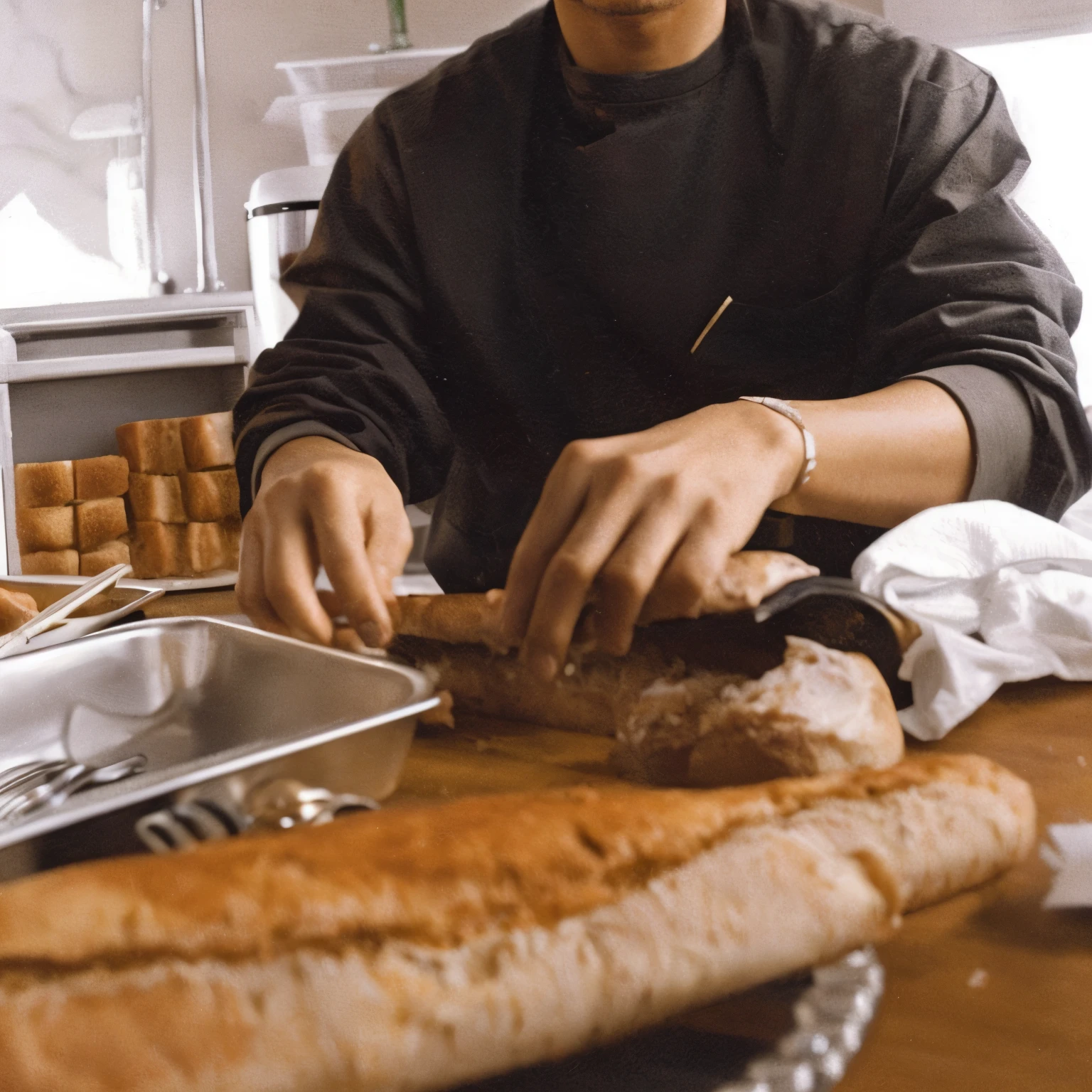 there is a man cutting bread on the table, French baking baguette, padaria, Escultura, disparado em 35 mm, disparado em 3 5 mm, tiro em 35mm, fotografia 3 5 mm, segurando uma baguete, tiro em 35mm, artista desconhecido, Gucci Bread, artesanato bonito, production still, inspirado em Normand Baker, documentary still