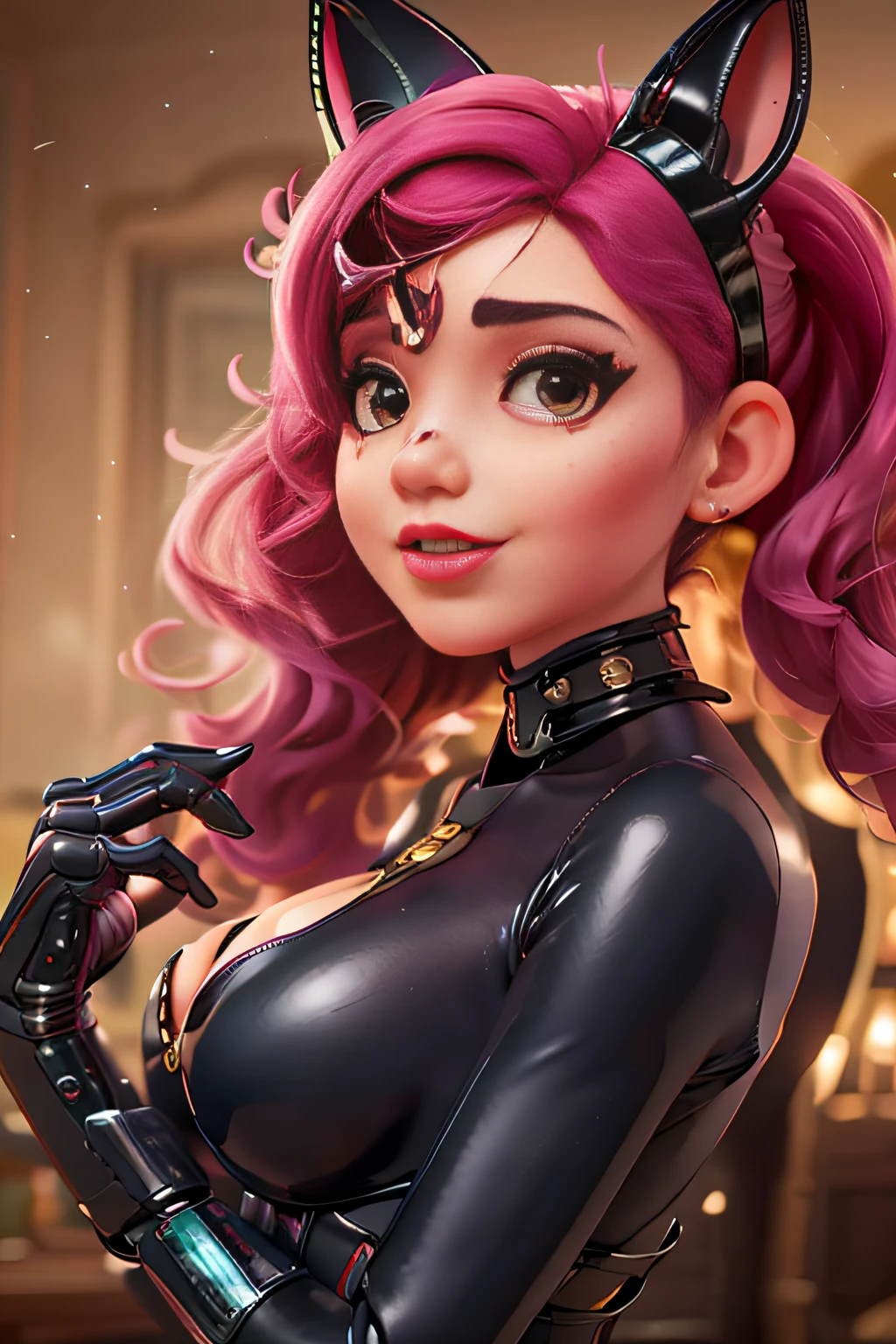 An alluring woman adorns a rubber mask with festive Christmas horns and a unique rubber head resembling a cybernetic bunny. Drawing inspiration from Doja Cat as Catwoman, she embodies a fusion of rubberhose style and latex, featuring a black latex female balaclava and a captivating black catsuit. The mask, resembling a robot wearing a human disguise, adds an intriguing Christmas-themed allure to her attire. Her outfit, predominantly black latex, exudes a domineering persona against a backdrop of Christmas decor, amplifying the mysterious and festive ambiance