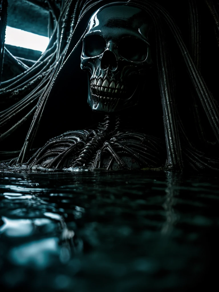 (photo shot, ultra-detailed, best quality, photorealistic:1.8, 8k, realistic, photography, melted bodies and skeletons, exomorph, oiled skin, dark mood, obscene mood, necronomicon, dark background, petrol colours, vibrant colours, 35mm, emerging from black oil, high contrast, rain, liquid reflections, shiny reflections, in the style of HR Giger