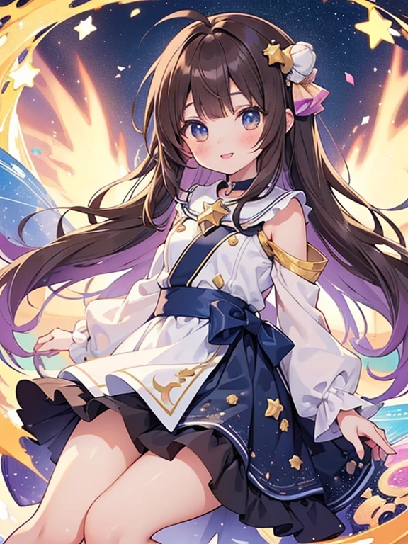 (Top Quality, 4K, High Resolution, Masterpiece), ((Perfect Anatomy)), Full (Design Art  1 2), ((Cute Anime Girl)), Chibi, (Brown Hair, Long Hair, Gradient Eyes), ((👄)), Smile, BREAK, ((girl riding a cute  anime unicorn)), starry sky, night sky, candy core, puzzle-like pieces, night view, happy core, (Anime Style), (star pattern confetti), pastel colors