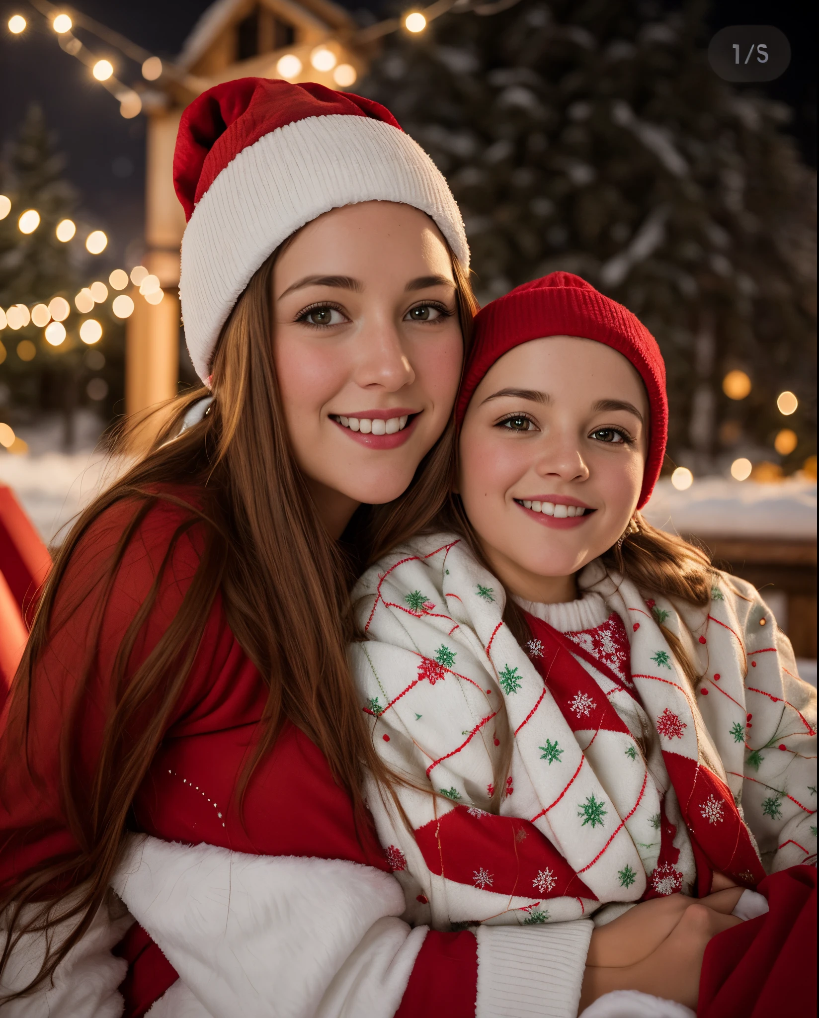 Christmas. Mother and son, portraite of a. Mom is dressed in a Santa suit, Santa&#39;s hat on his head. Son dressed in Santa suit and hat. Snow on the background, bokeh, Decorated Christmas tree, rustic house with garlands and lights. The atmosphere of the holiday.